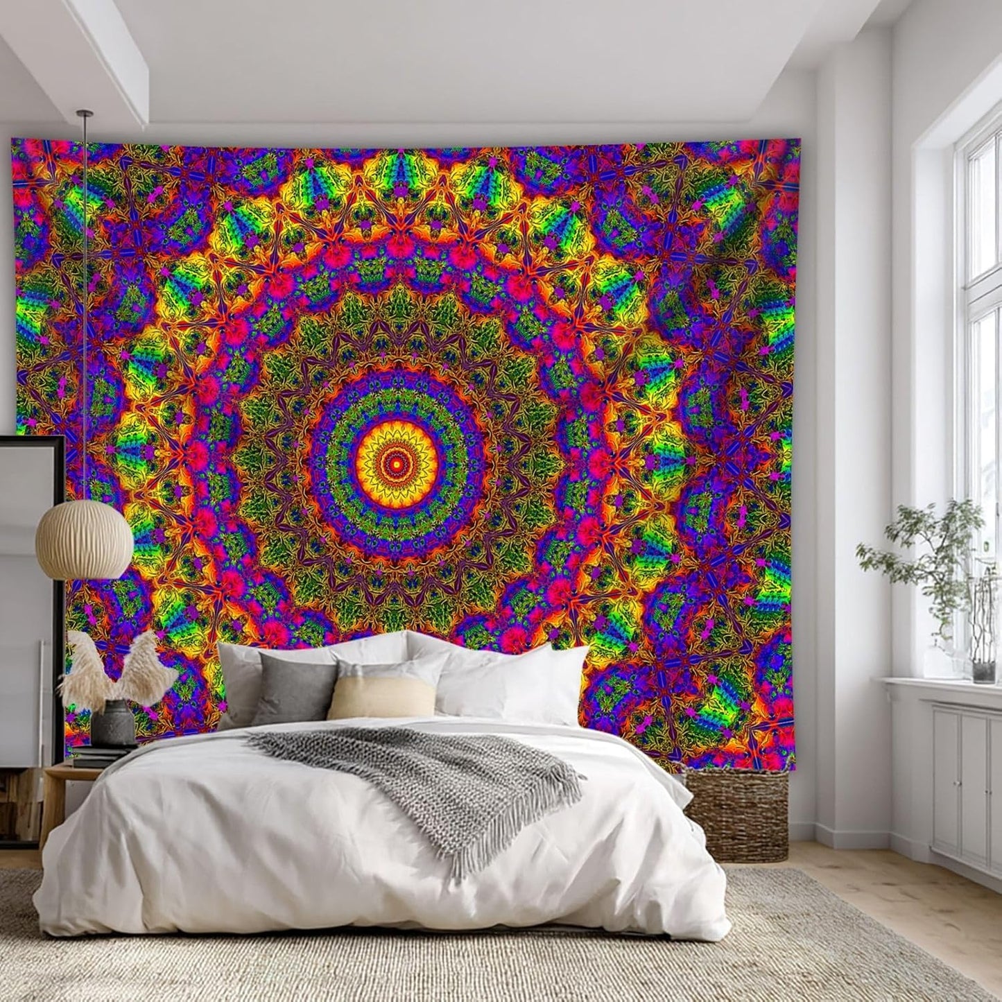 PSYHILAR Blacklight Mandala Boho Tapestry, Black Light Bohemian Hippie Poster for Adults and Teens, Aesthetic Colorful UV Reactive Wall Art Decor for Bedroom (90 x 70 Inches)