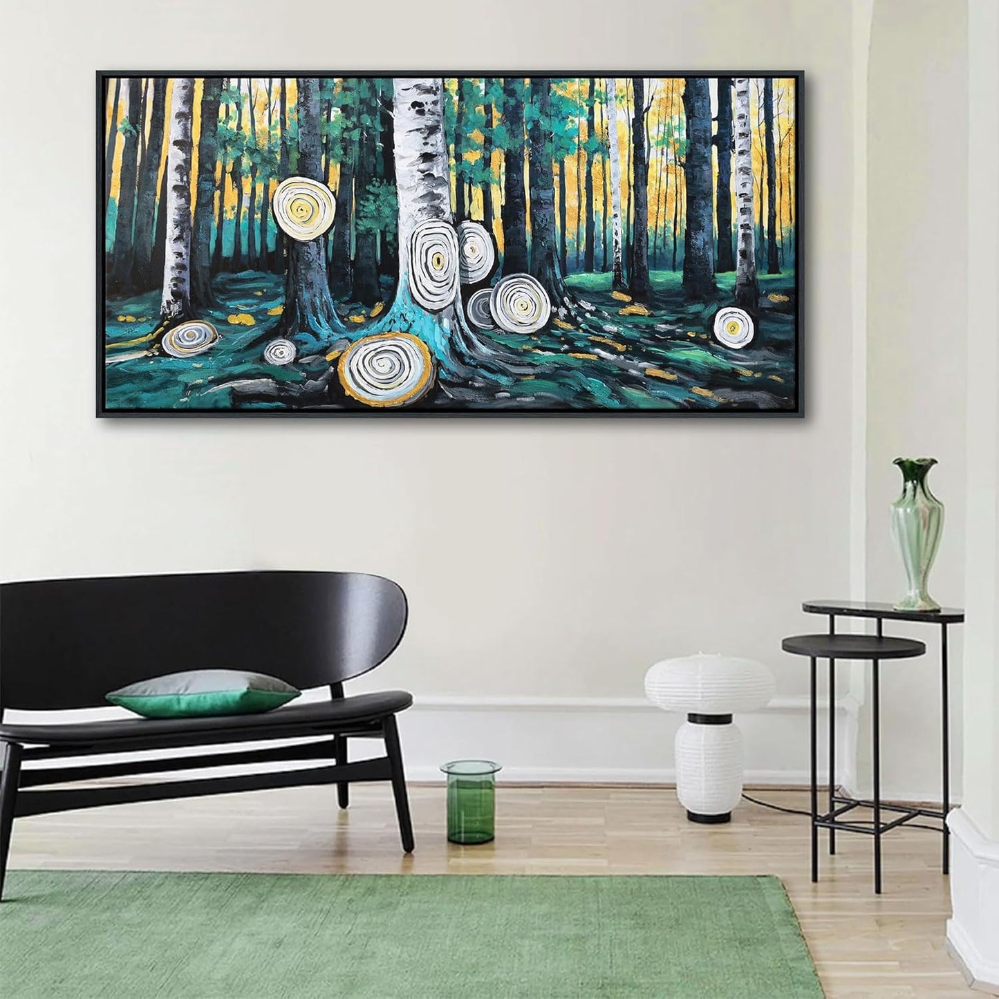 QZQCBLC Large Wall Art Bedroom, Green Tree Yellow Forest Canvas Wall Pictures Modern Abstract Ring Landscape Paintings Artwork for Living room Home Office Artwork Framed Decor 29x58 IN