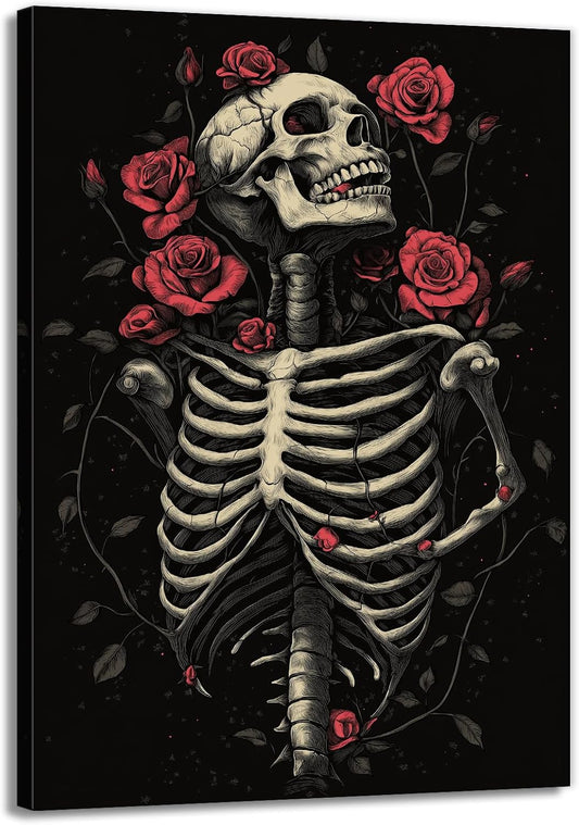 OAAPITI Gothic Skull Wall Art Skeleton and Roses Canvas Pictures Print Vibrant Dark Art Decor for Bedroom Living Room Bathroom(Artwork-6,20"x30")