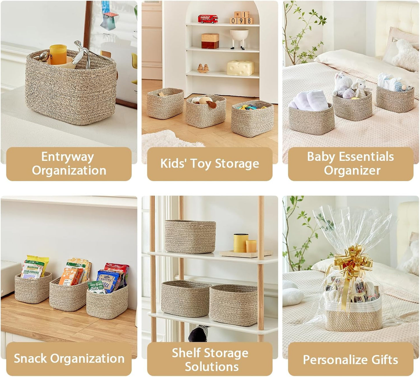 Small Cotton Rope Storage Basket Set of 3-11"x7"x7" Perfect Woven Baskets for Storage, Ideal Storage Baskets for Organizing Toys, Towels, and More - Baskets for Shelves and Home Decor（Beige）