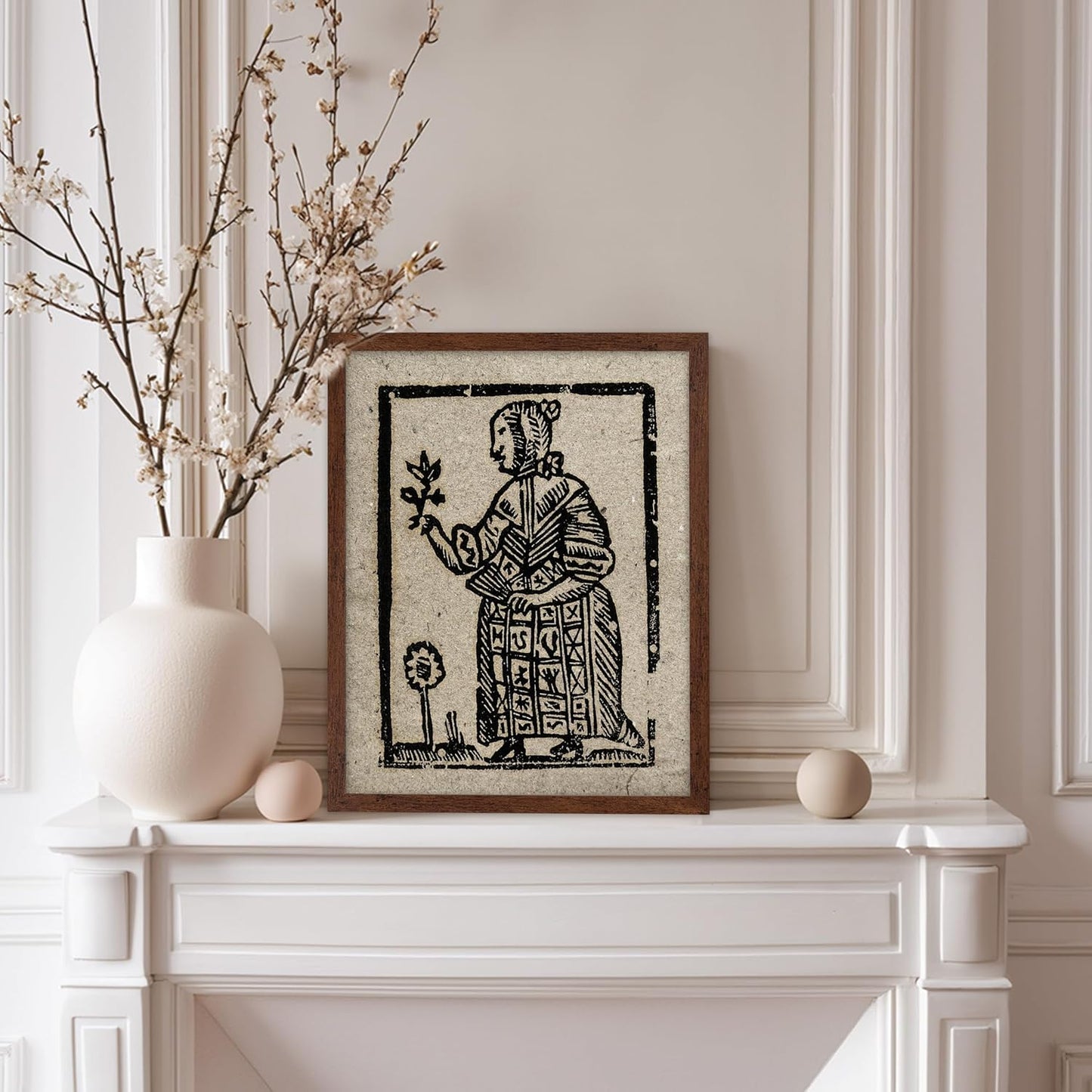 Poster Master Vintage Woodcut Poster - Retro Medieval Print - Gift for Gothic, Horror Fan - Witch Holding a Plant, Magic, Spell, Herbalist - Wall Decor for Bedroom, Dorm, 11x14 Brown Framed