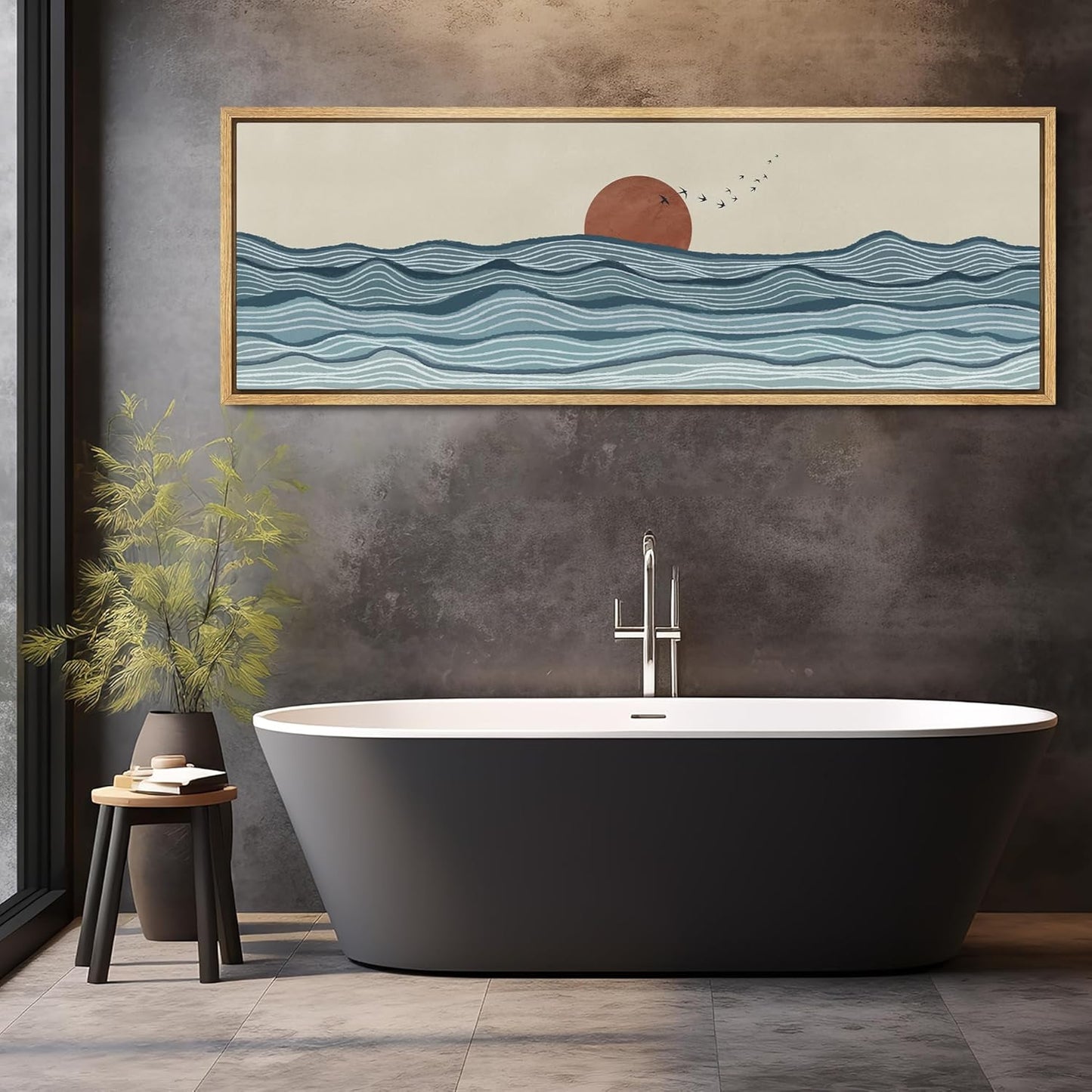 MUDECOR Large Framed Canvas Print Wall Art Calm Seascape Ocean Waves and Setting Sun Illustrations Antique Retro Fine Art Illustrations Decorative Colorful for Bedroom - 60"x20"