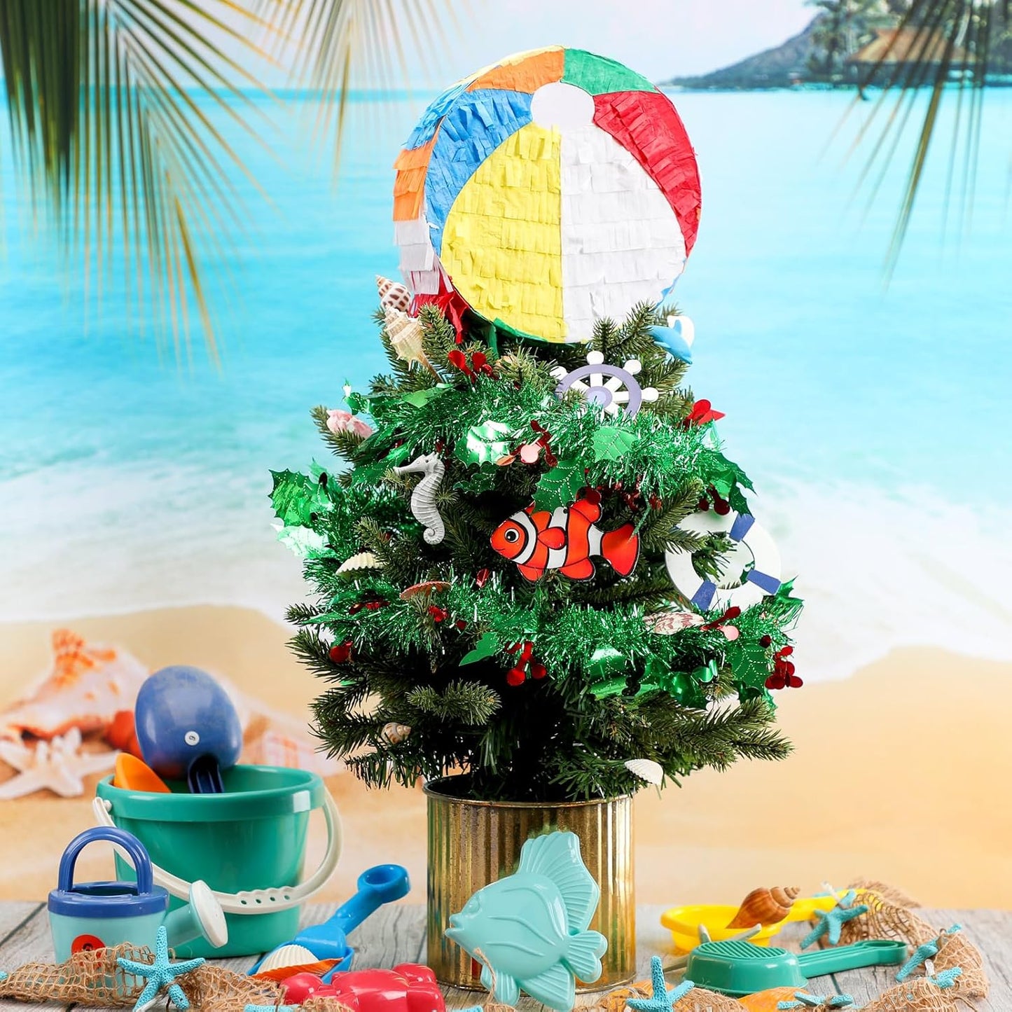 Retisee 7.8'' Summer Beach Ball Tree Topper Hawaiian Party Decoration Summer Tree Ornaments Pool Party Supplies for Home Indoor Holiday Outdoor Beach Decor