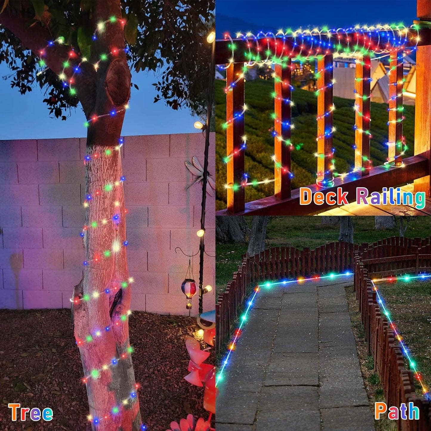 YEGUO 2 Packs Each 33ft 100 LED Solar Trampoline Lights Multicolor, Solar Rope Lights for Outside, 8 Modes Fairy Lights in Clear Thin Tube for Camping Fence Patio Garden Deck