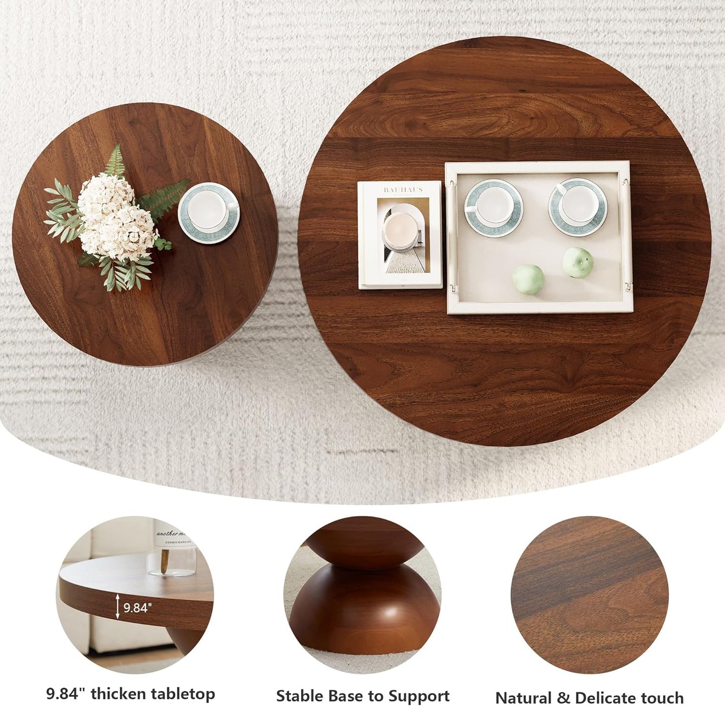Solid Wood Round Nesting Coffee Table Set of 2, Circle Accent Tables with Unique Semi-Circular Legs, Modern Farmhouse Side End Table Set for Small Space Living Room Office (Walnut)