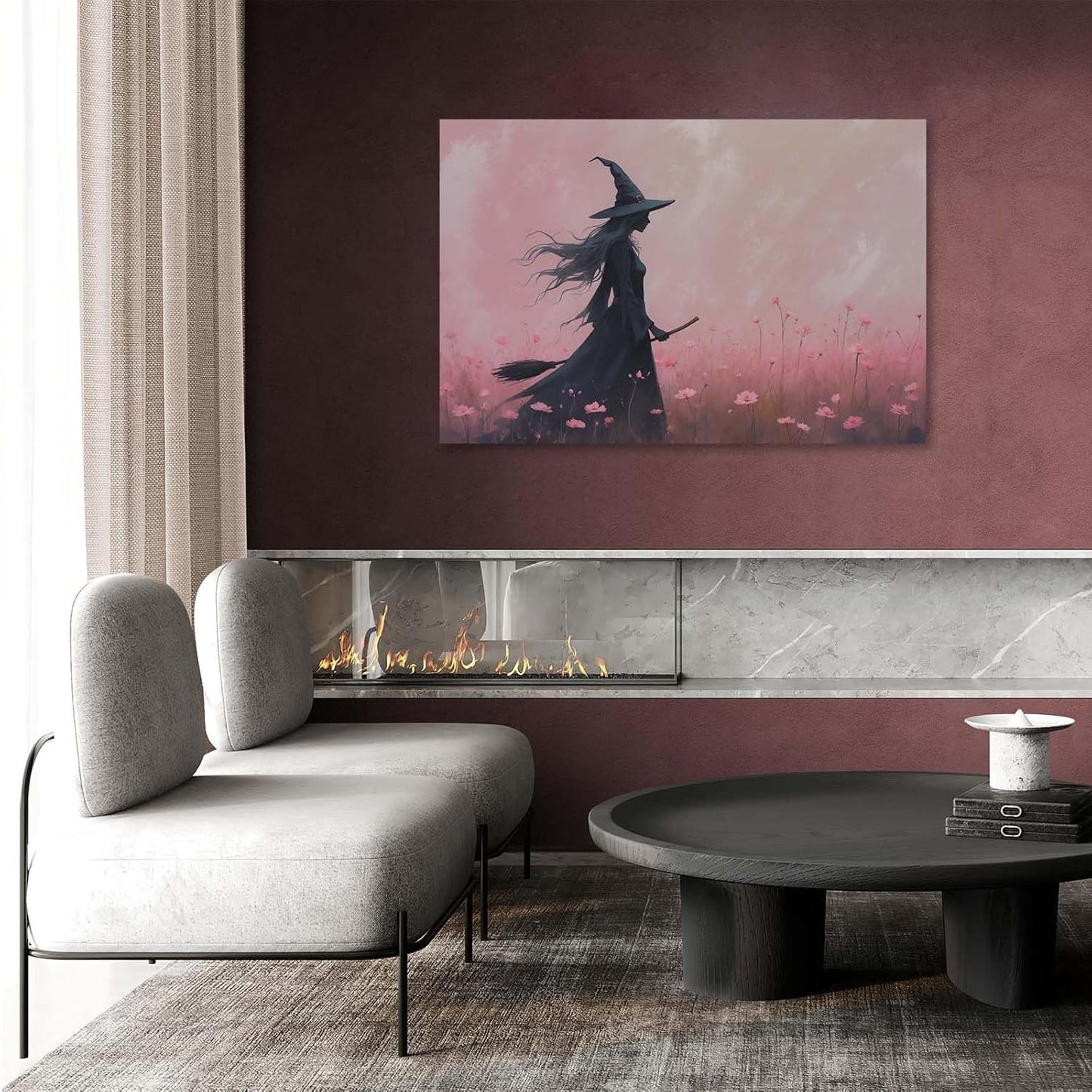 JFHCQJPK Witch in the pink sea of flowers Halloween prints weird flowers wall art silhouette painting fashionable romantic decoration suitable for bedroom20x30in Frameless