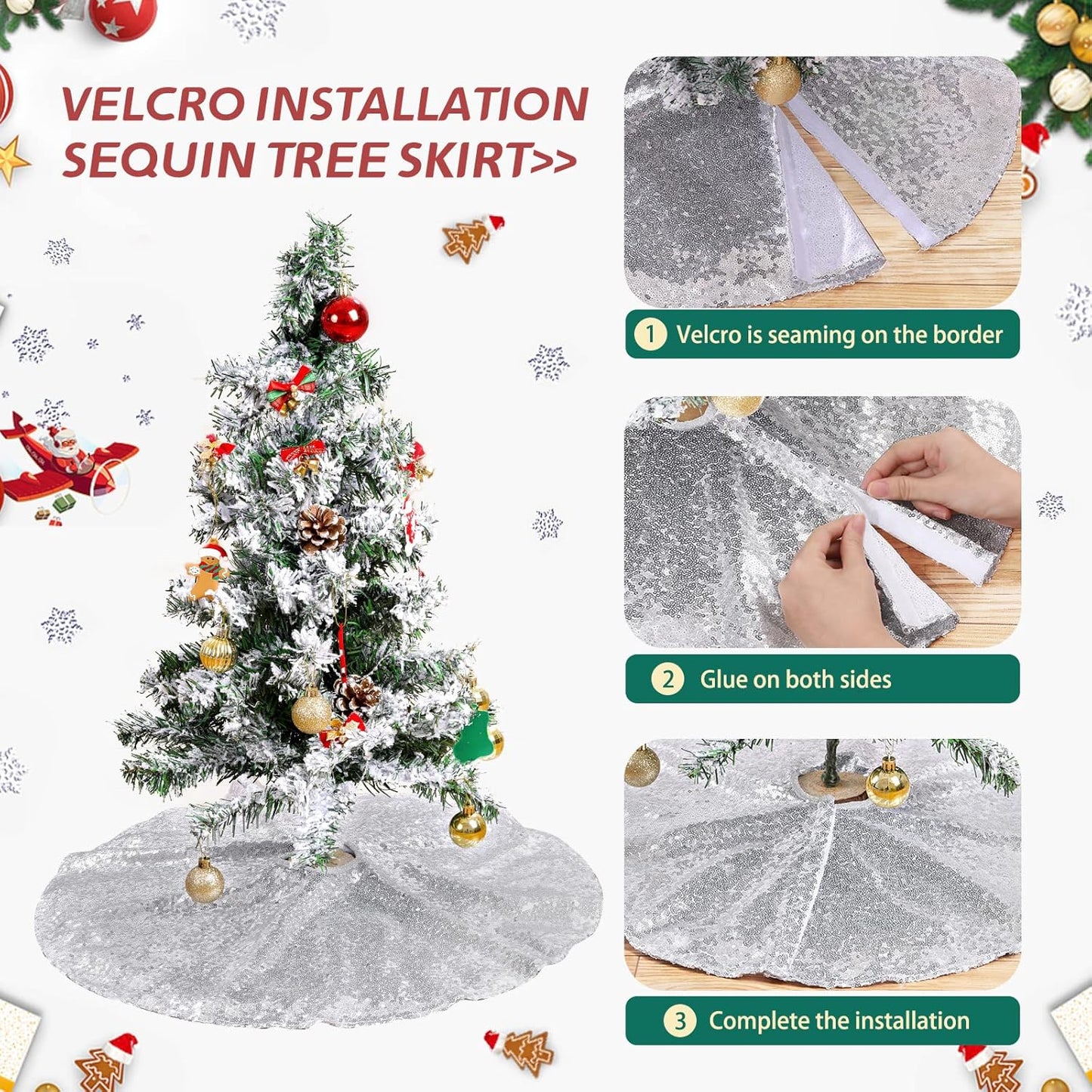 Small Christmas Tree Skirt 24 Inch Silver Tree Skirt Sequin Tree Skirt for Silver Christmas Decorations