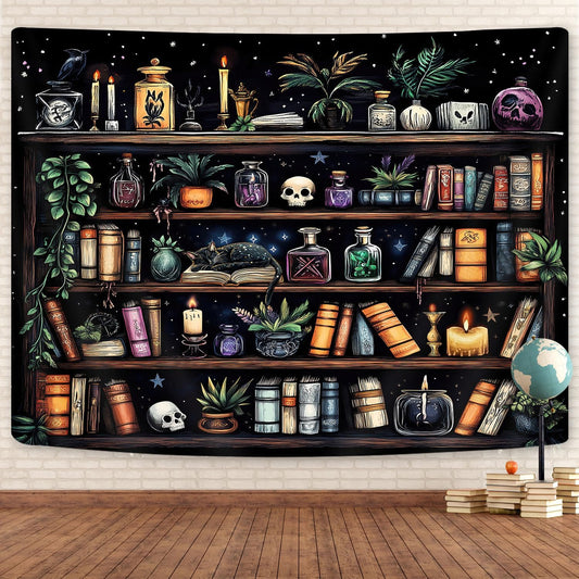 Bookshelf Tapestry Magical Library Witchy Tapestries, Vintage Fantasy Dark Bookshelf Hippie Cool Wall Tapestries Gothic Skull Black Cat Book Aesthetic Decor for Study Classroom, 80X60
