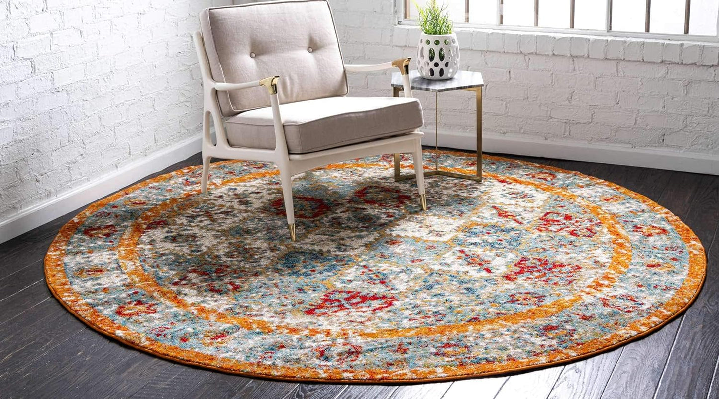 Unique Loom Rosso Collection Vintage, Traditional, Bohemian, Geometric, Distressed, Southwestern Area Rug, 8' 0" x 8' 0", Beige/Orange