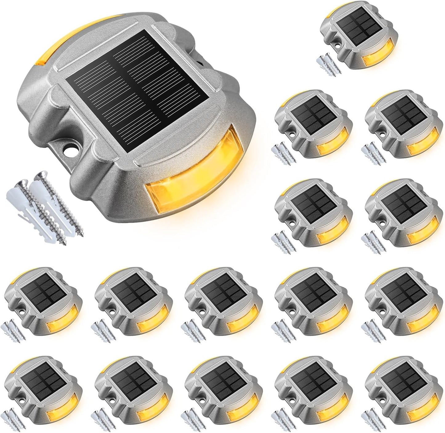 VOLISUN Solar Deck Lights, 16-Pack Led IP67 Waterproof Outdoor Warning Step Lights for Driveway, Sidewalk, Garden Pathway, Yard (Warm White)