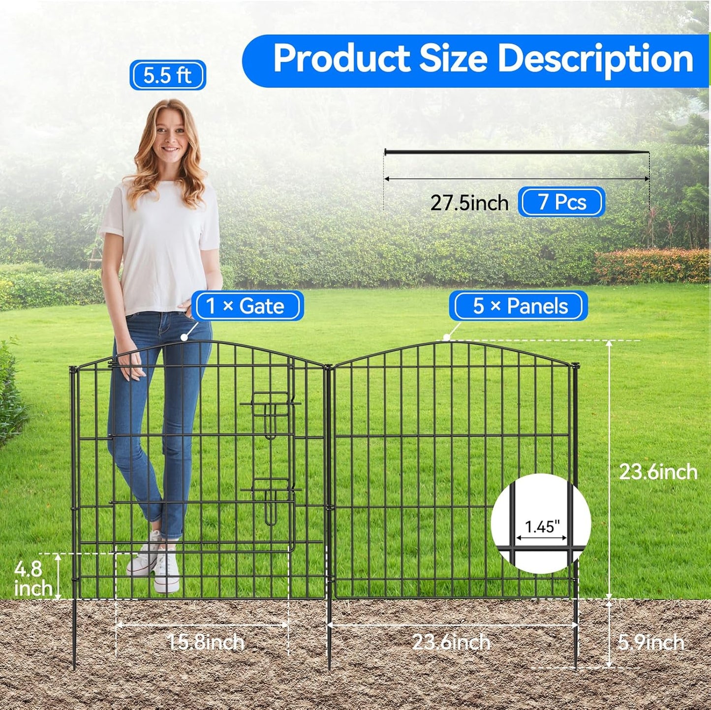INJOPEXI Decorative Garden Fence 6 Panels 11.8ft (L)×24in (H) with 5 Panels 1 Gate Rustproof Wire No Dig Animal Barrier Fencing for Outdoor Backyard Black