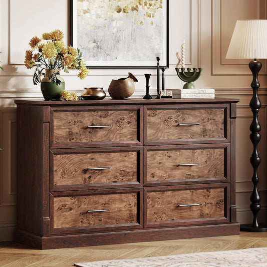 GAOMON Brown 6 Drawer Dresser for Bedroom, Farmhouse 47.2" Wide Chest of Drawers with Metal Handles, Rustic Double Wood Dresser, Storage Dressers Organizer for Living Room, Nursery