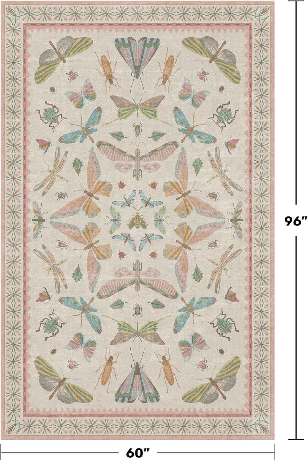 Washable 5x8 Light Pink Rug for Bedroom - Pink Boho Girl Nursery Rug, Living Room, Nature Insect Bug Print Home Decor