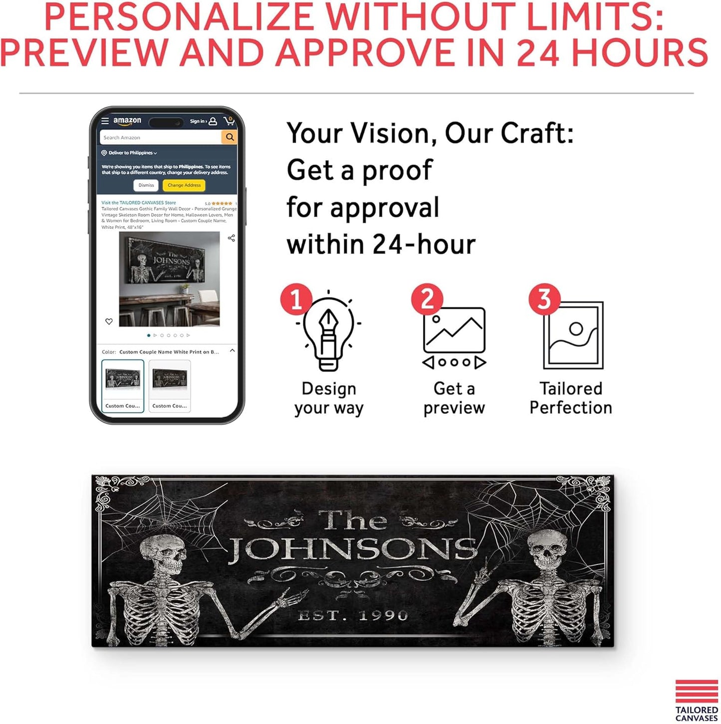 Tailored Canvases Gothic Family Wall Decor - Personalized Grunge Vintage Skeleton Room Decor for Home, Halloween Lovers, Men & Women for Bedroom, Living Room - Custom Couple Name, White Print, 36"x12"