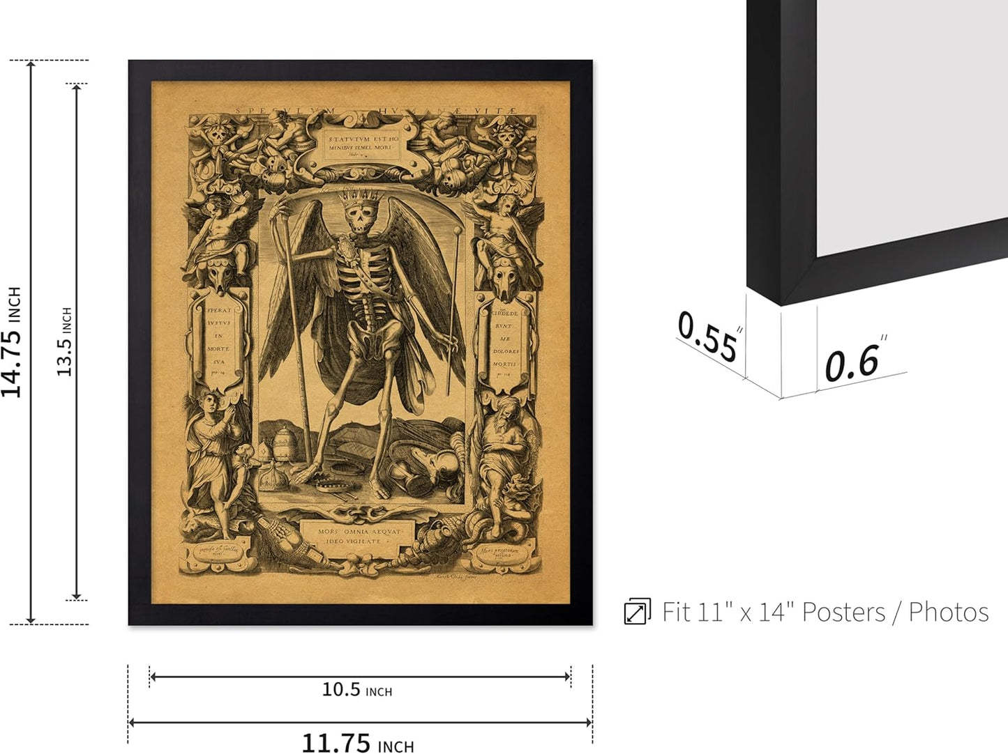 Poster Master Vintage Medieval Poster - Retro Gothic Print - Gift for Artist, Friend - Angel of Death, Memento Mori, Life, Skeleton, Dark - Wall Decor for Home, Living Room, 11x14 Black Framed