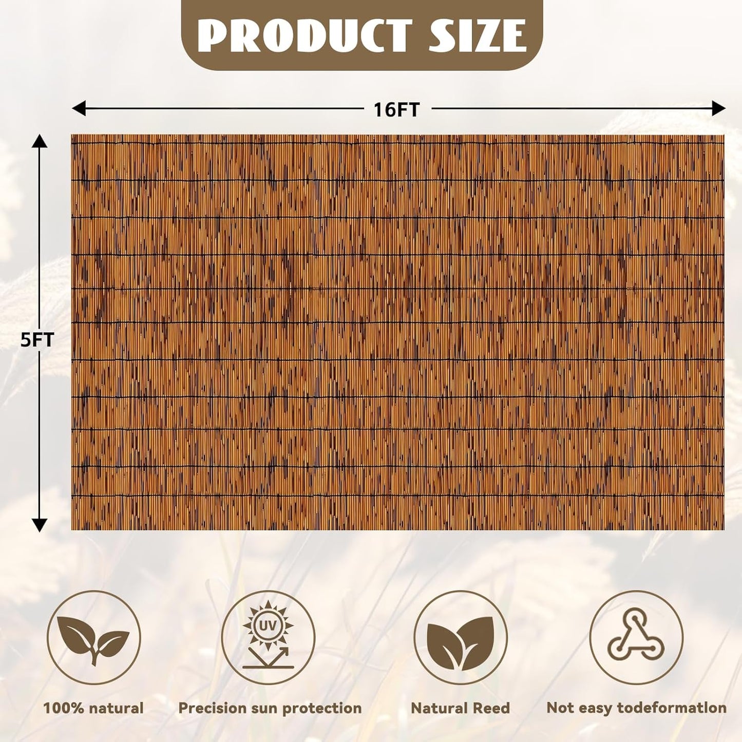 Bamboo Reed Fencing, Light Russet Decorative Bamboo Privacy Fence 5ft High, Reed Curtains for Patio Garden Balcony Outdoor Privacy Screen, 5 x 16 FT