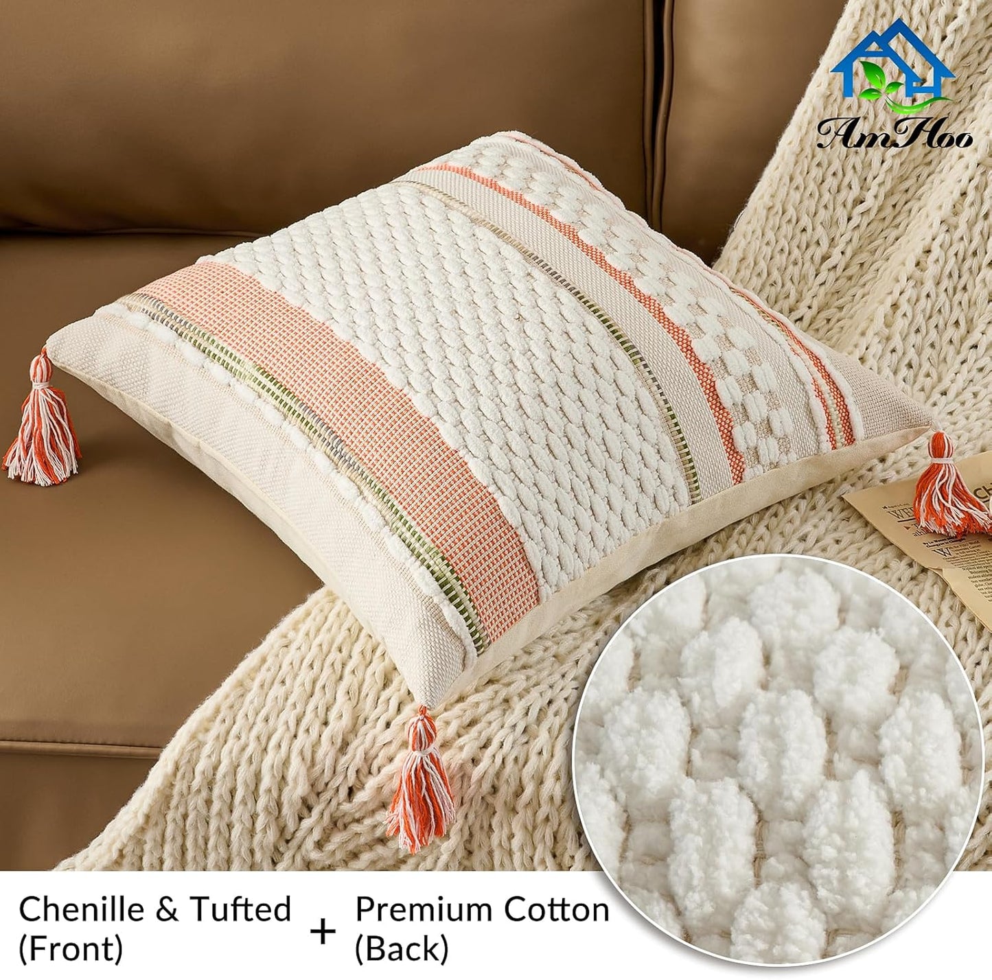 AmHoo Set of 2 Chenille Striped Textured Boho Throw Pillow Covers Aesthetic with Tassels Woven Decorative Pillow Case for Couch Bed Sofa Bedroom Modern Funky 18 x 18-Inch White Orange