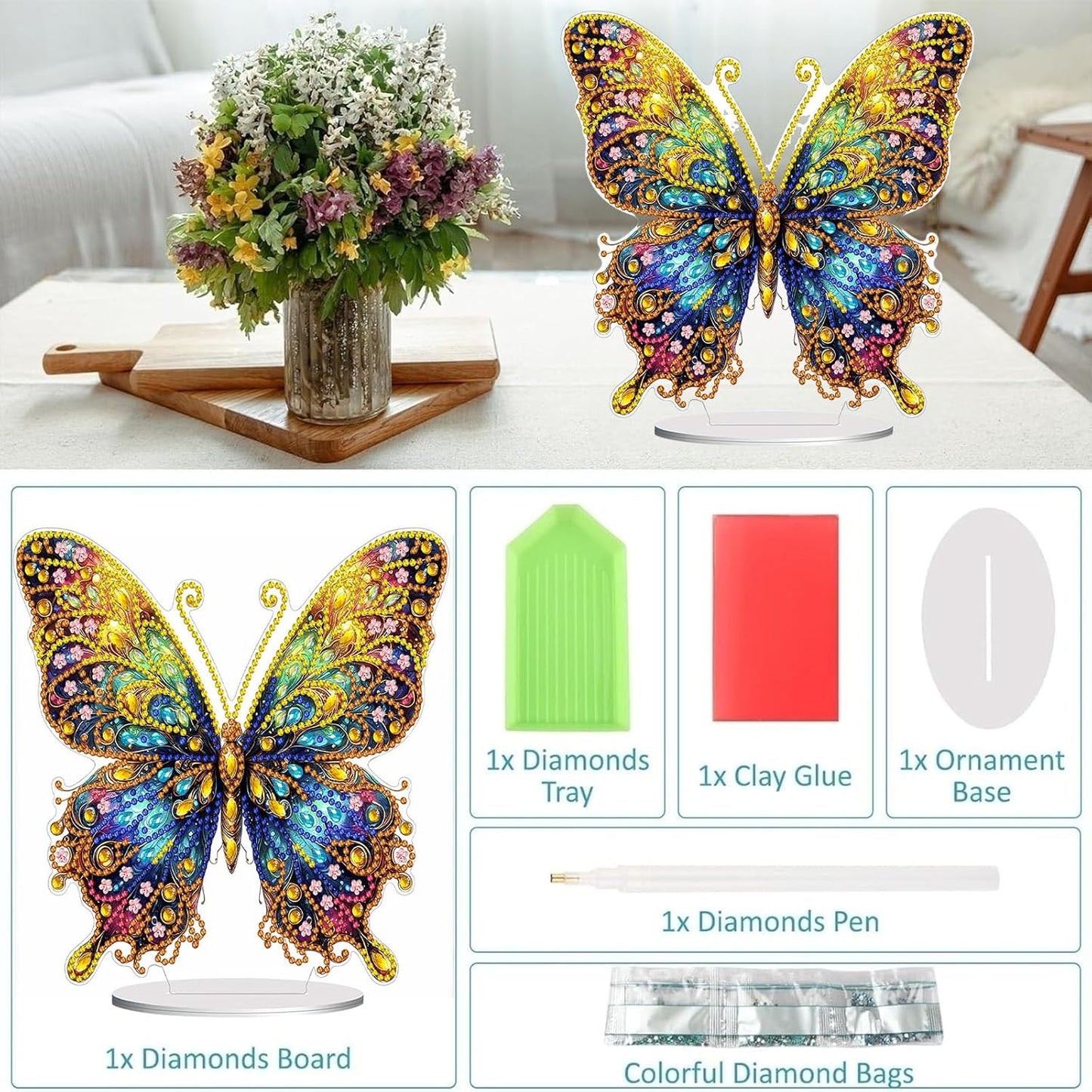 Diamond Painting Kits for Adults Beginners, 5D Full Drill Flowers and Butterfly Crystal Art Desktop Ornament, DIY Single Sided Home Office Desk Decor, Creative Craft Gift Set with Tools