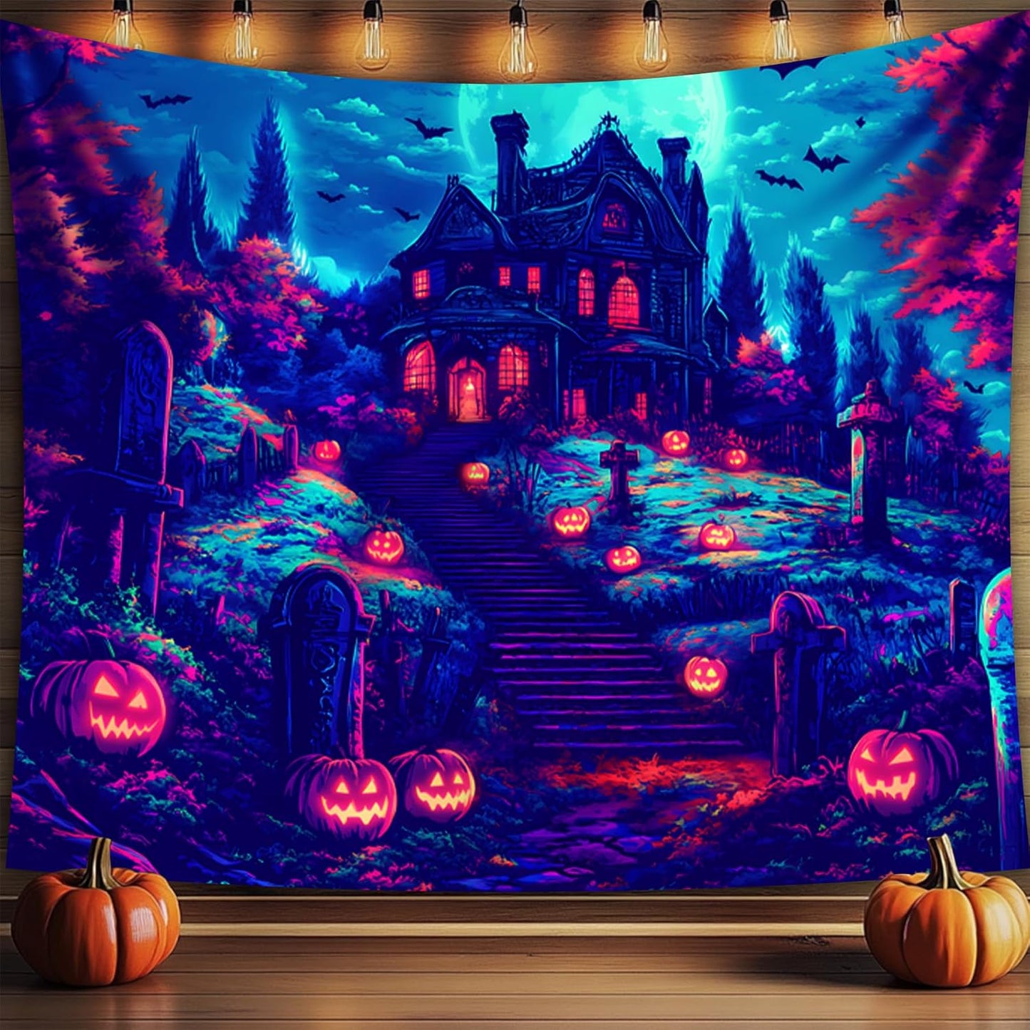 Halloween Tapestry, Blacklight Tapestry for Halloween Party Decor Hanging Tapestries Backdrop Wall Art Poster for Bedroom Dorm 79x59in