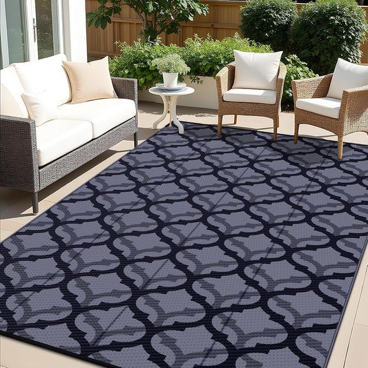 OLANLY Reversible Outdoor Rug 9x12 ft Clearance, Waterproof Outdoor Plastic Straw Rug with Interlacing Pattern, RV Mat for Patio, Camping, Balcony, Deck, Backyard, Black & Grey