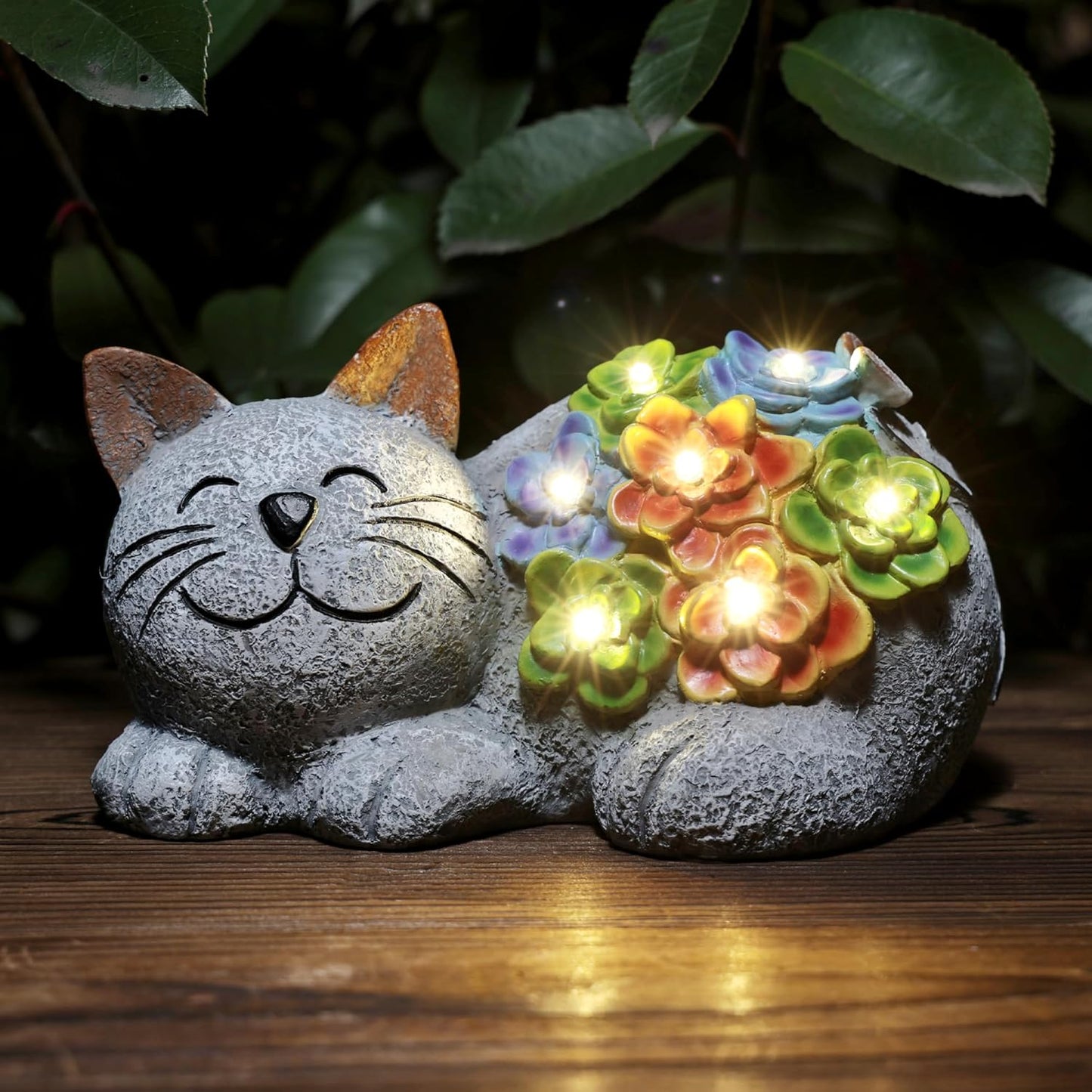 Otdair Solar Garden Decor Cat, Cat Lover Gifts with Succulent and 7 LED Lights for Outside,Outdoor Solar Lights for Yard, Garden and Patio, Unique Gift for Women
