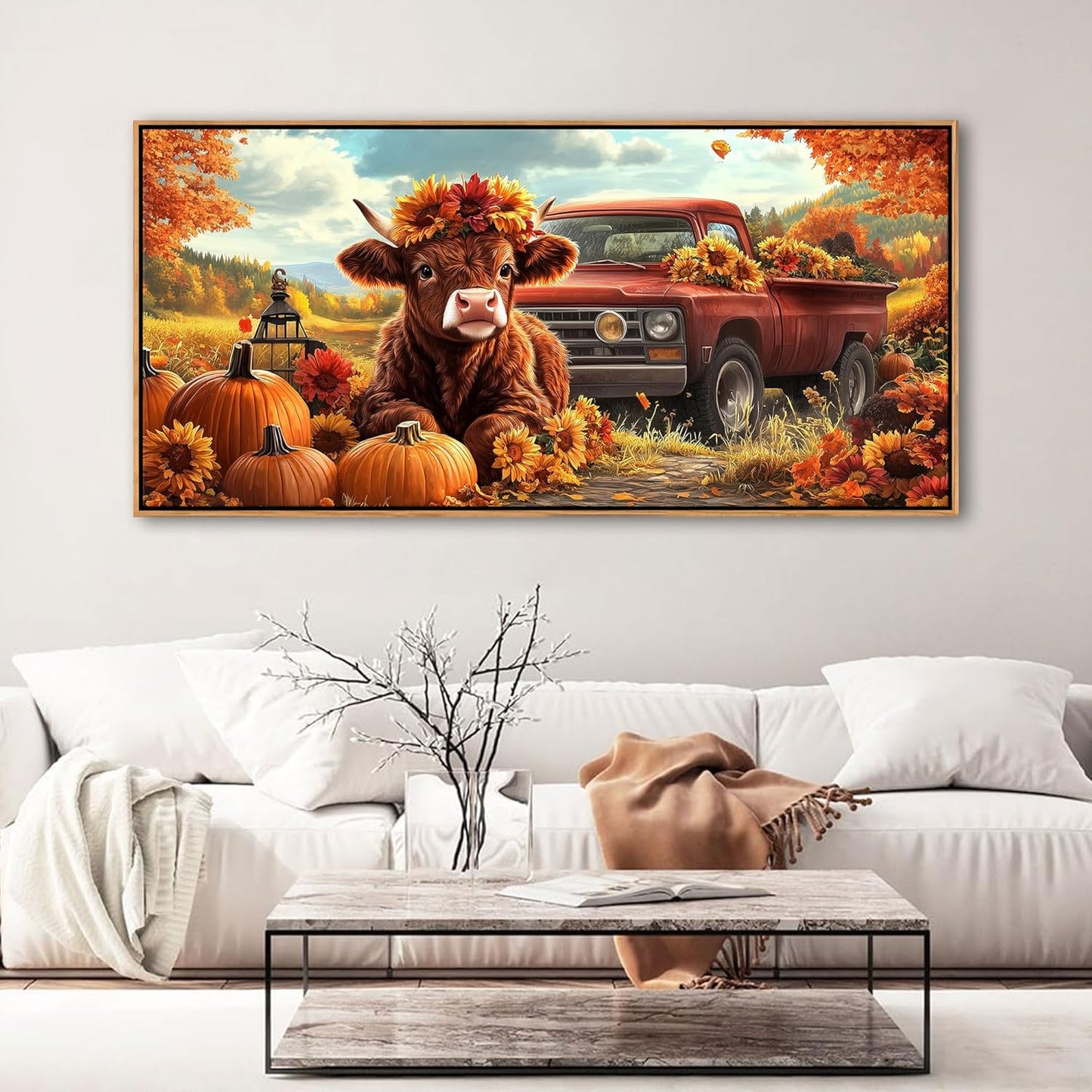 QZQCBLC Large Framed Wall Art, Orange Cow Pumpkins Rustic Fall Mountain Landscape Canvas Pictures Red Truck Sunflowers Painting Artwork for Living room Bedroom Home Office Artwork Wall Decor 29X58