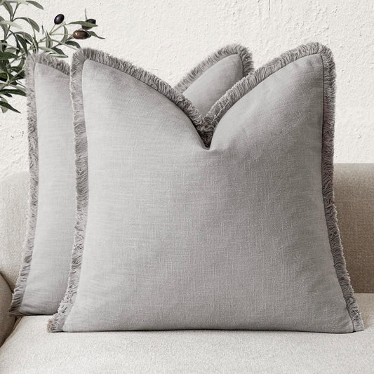 Foindtower Set of 2 Decorative Linen Fringe Throw Pillow Covers Cozy Farmhouse Cushion Cover with Tassels Accent Pillowcase for Couch Chair Sofa Bed Living Room Home Decor,16×16 Inch,Light Rustic Gray