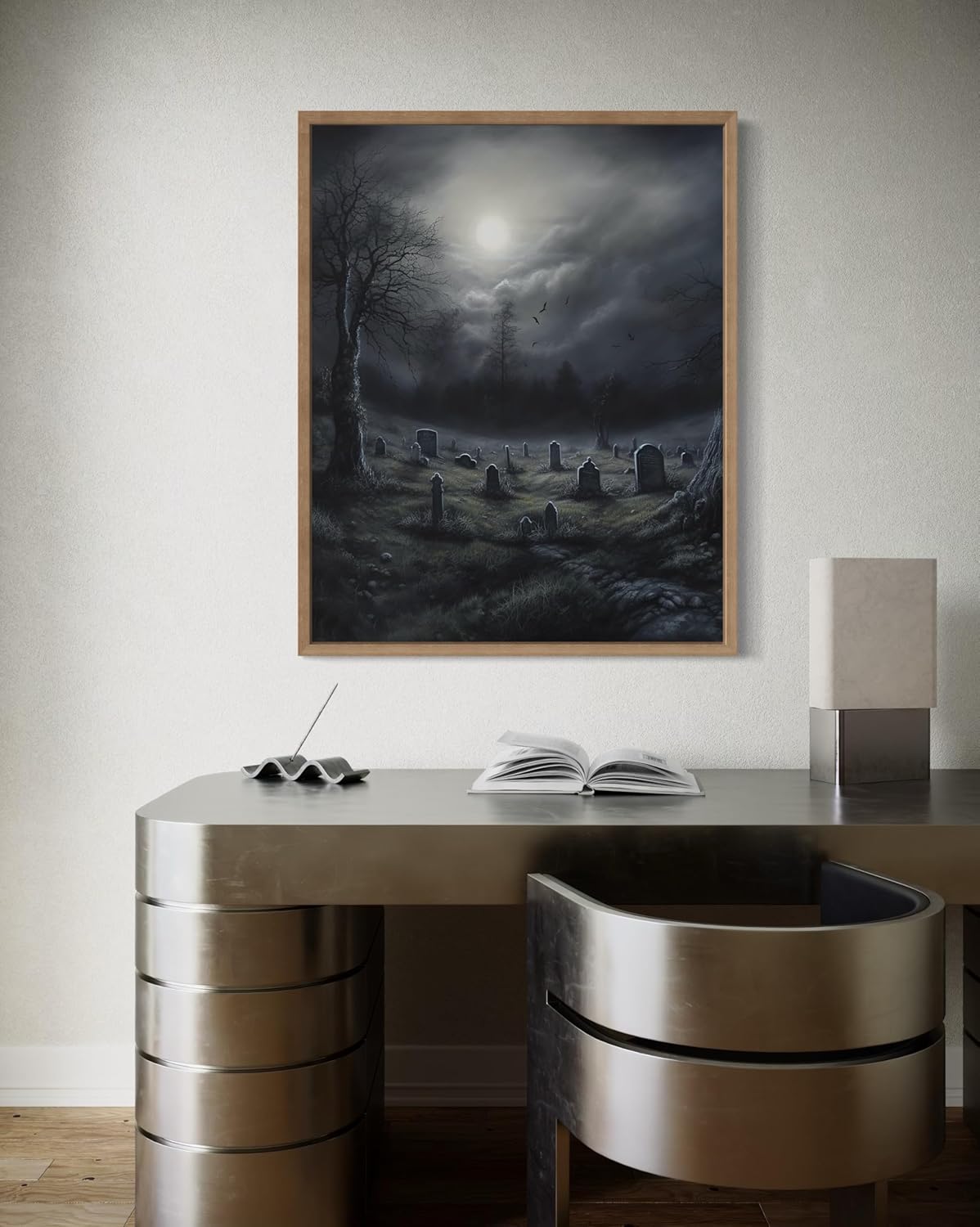 Gothic Graveyard Poster Art Print, Halloween Scary Vintage Wall Art Academia Spooky Painting Decoration for Horror Prints, Posters Bedroom Decor 89 (Gothic Graveyard, 8 x 10 inches, Wood Frame)