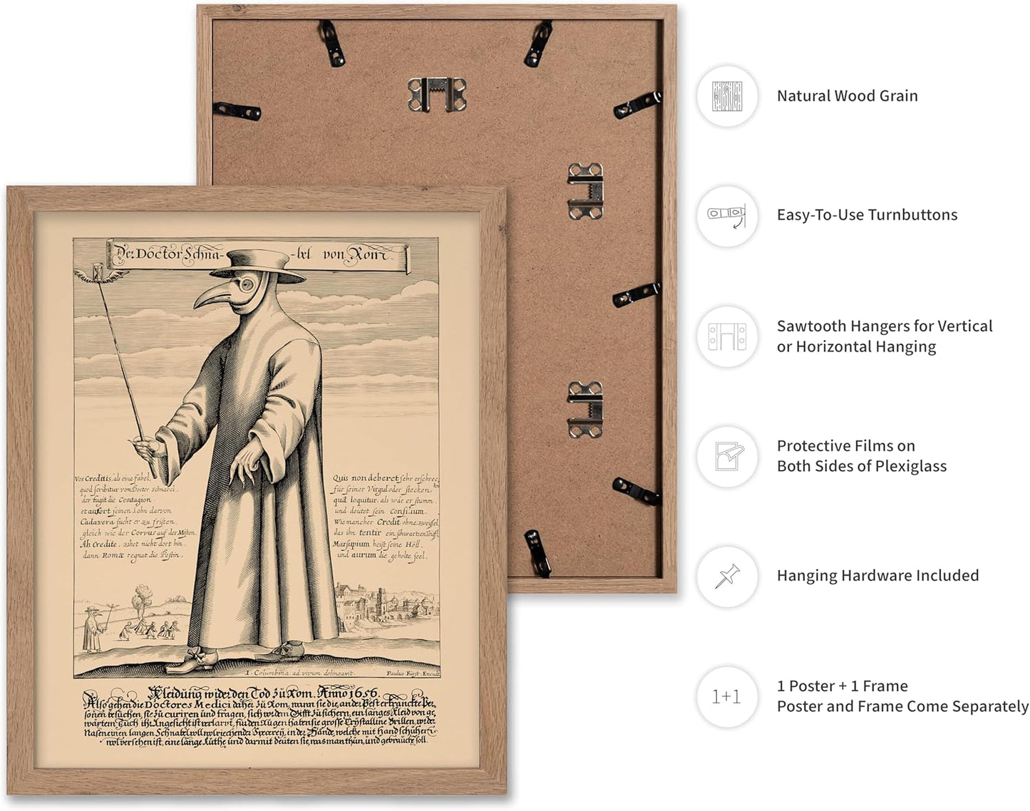 Poster Master Vintage Medieval Poster - Retro Illustration Print - Gift for Friend - Plague Doctor, Pandemic Mask, Physician, Black Death - Wall Decor for Home, Living Room, 8x10 Beige Framed