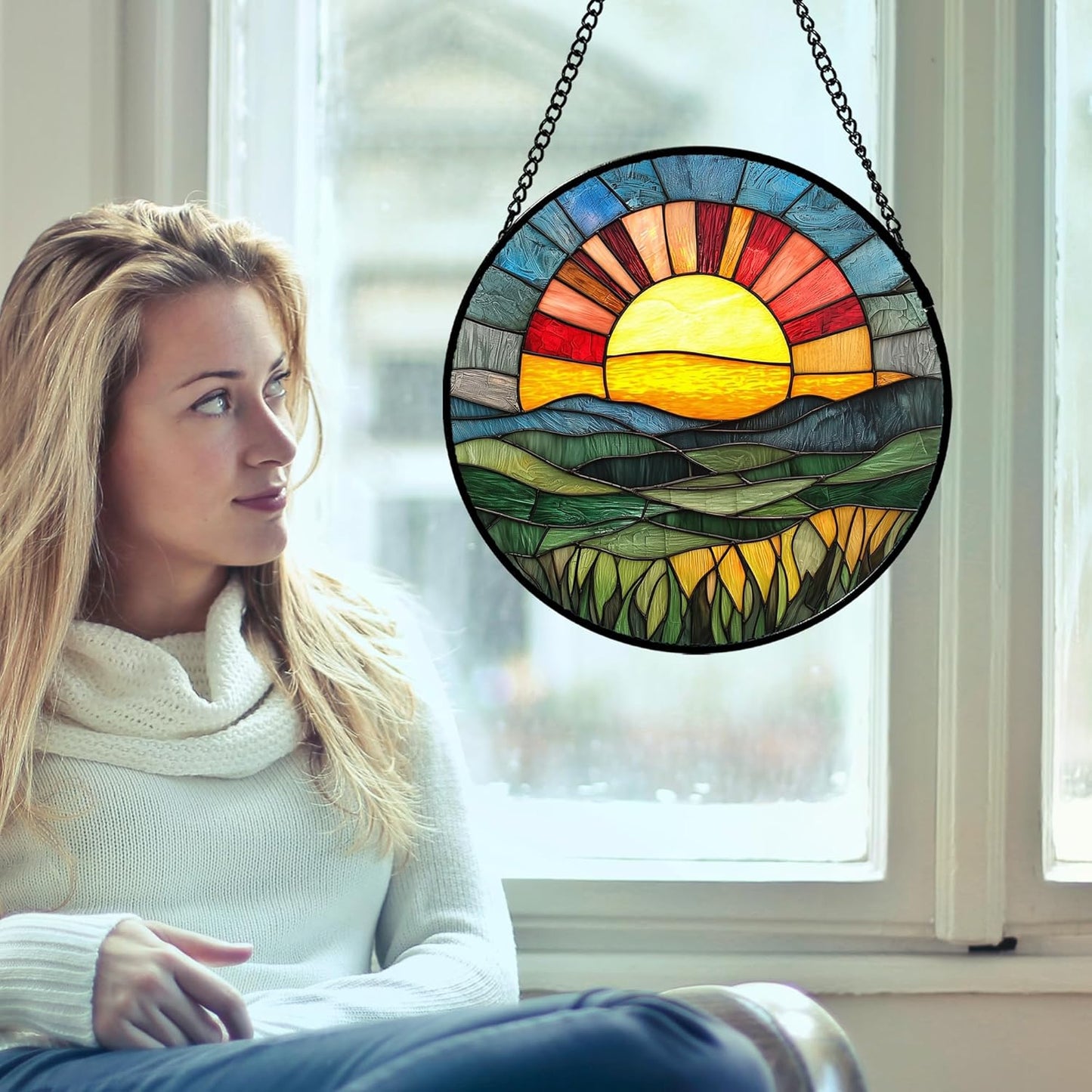 Stained Glass Window Hanging, Golden Red Sun Green Mountain Suncatcher for Window Home Decor Nature Landscape Sun Catcher Mother's Day Birthday Gifts for Women Men Mom Nana 9.8 in