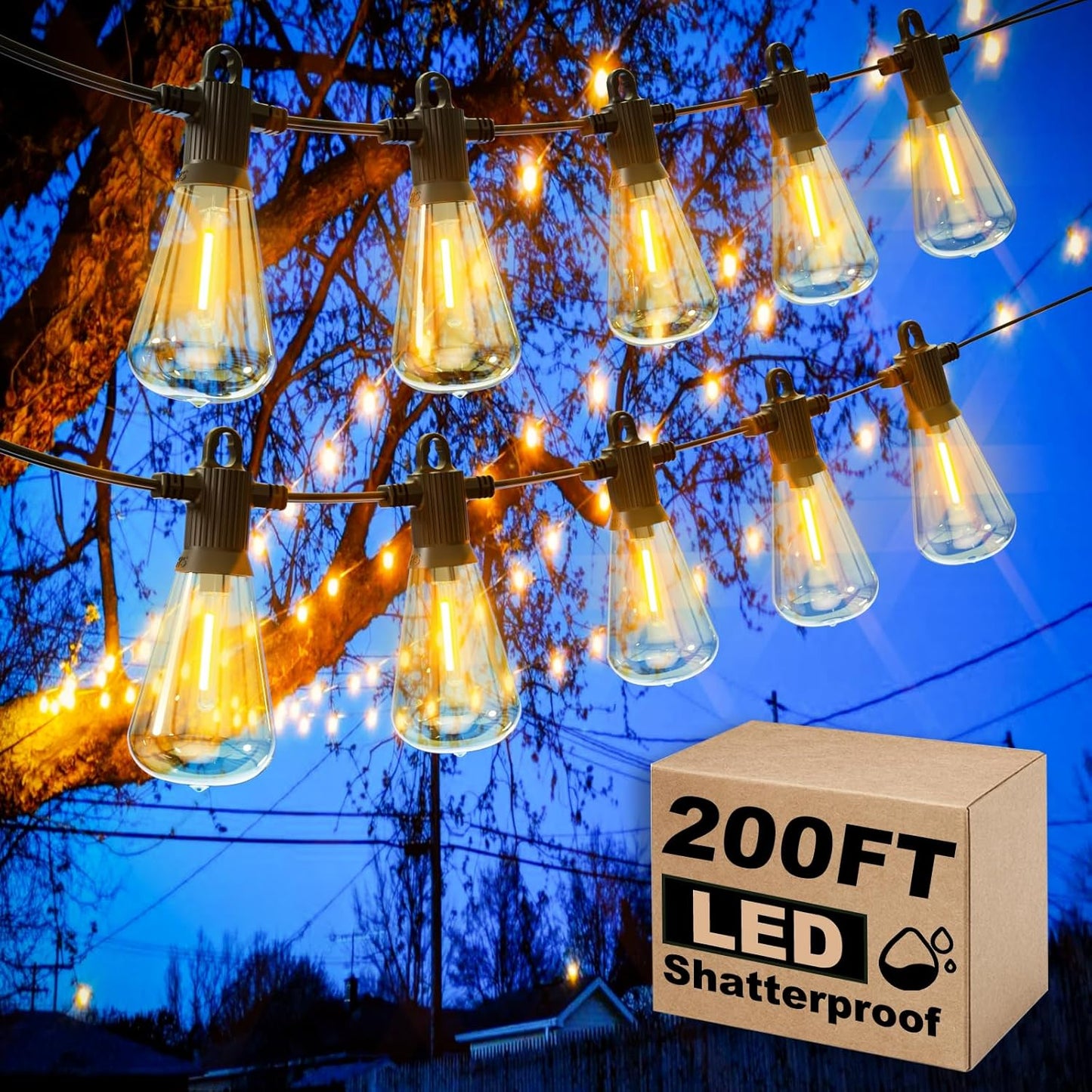 Outdoor String Lights, 200FT Patio Lights with 100 Shatterproof ST38 Globe Bulbs(4 Spare), Waterproof Connectable Dimmable LED Hanging String Lights for Outside Backyard Porch Balcony(100FT x 2)