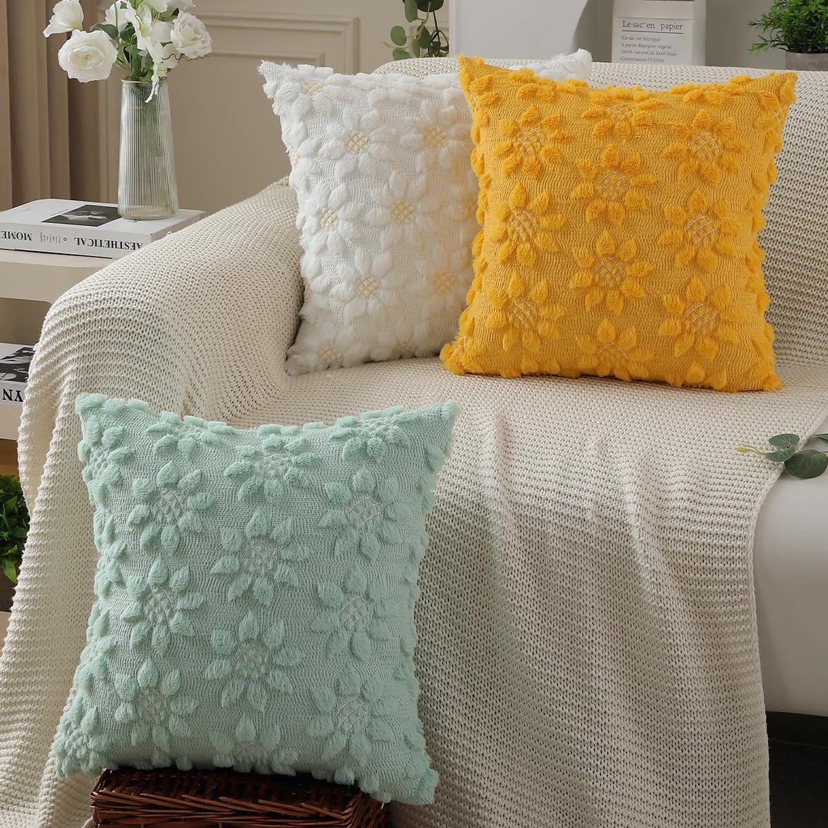 DFXSZ Spring Summer Pillow Covers 20x20 inch Set of 2 Farmhouse Decor Yellow Color Flower Heart Sunflower Soft Plush Faux Fur Jacquard Throw Pillows for Sofa Holiday Spring Home Decor PTK024C20