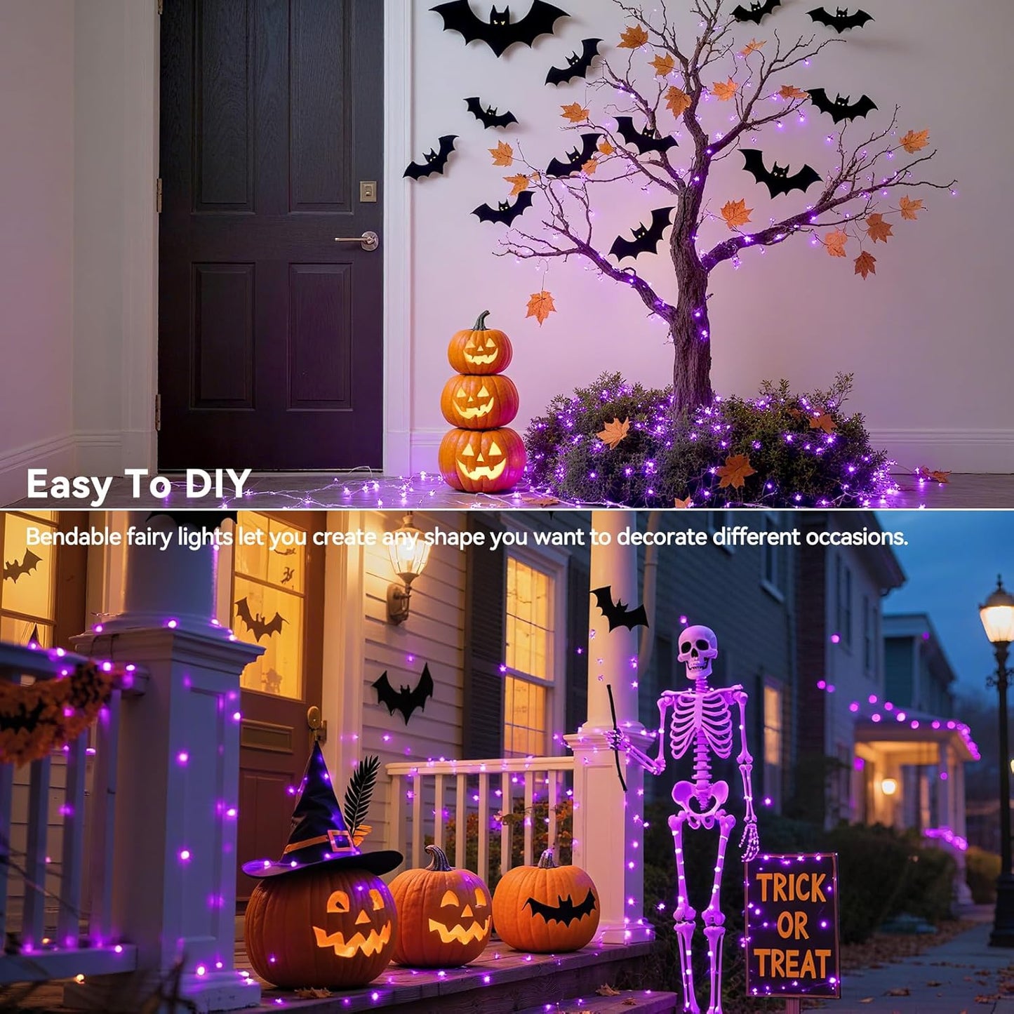 4 Pack 60LED Halloween Fairy Lights Battery Operated - 20FT Twinkle Lights with 2 Lighting Modes Indoor Outdoor, Waterproof Led Fairy String Lights for Christmas, Bedroom, Dorm, DIY Decor, Purple