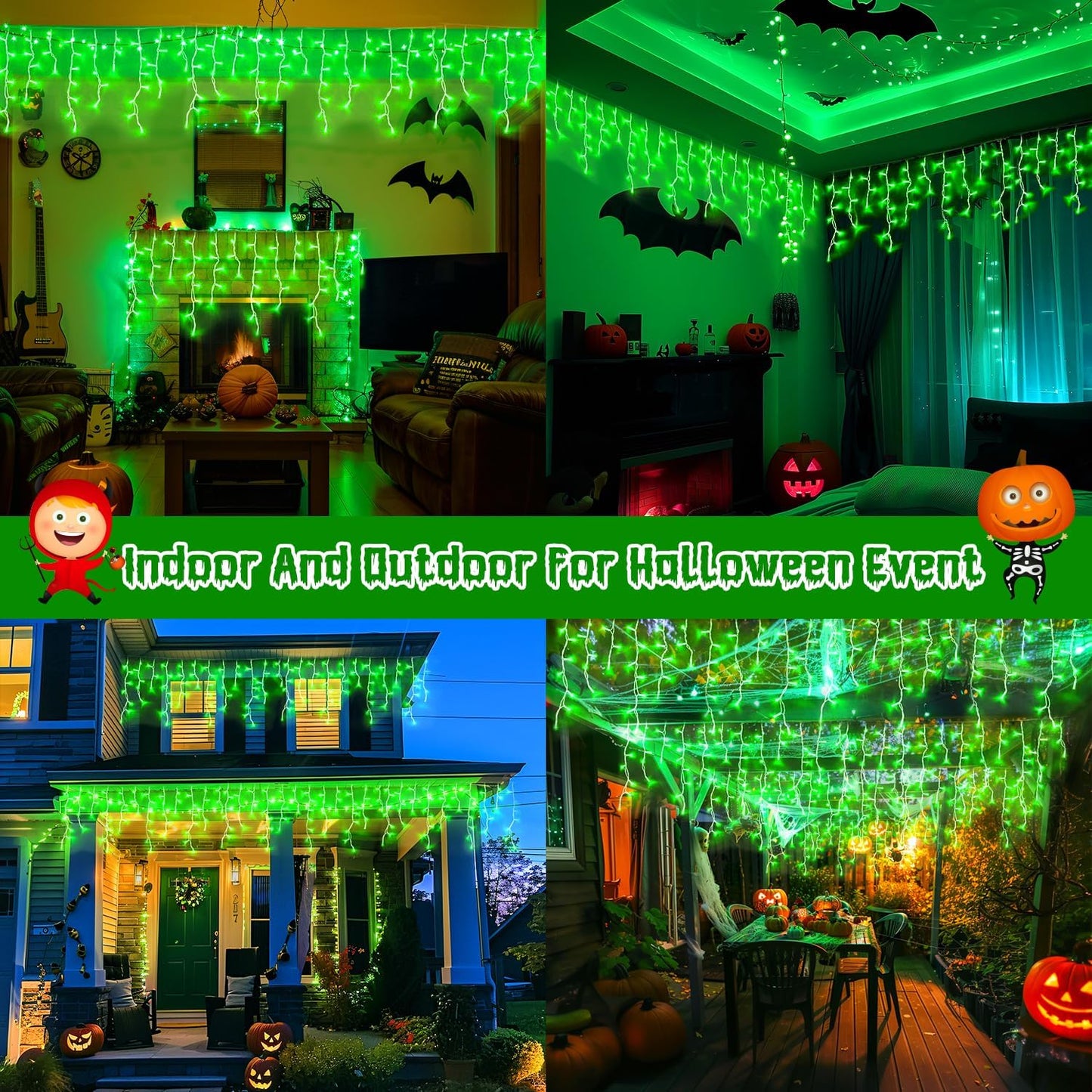 JMEXSUSS 400 LED 38.8F Green Icicle Lights for Halloween Decorations, Green Halloween Lights Indoor Outdoor, String Icicle Light for House Fireplace Party Yard Decoration
