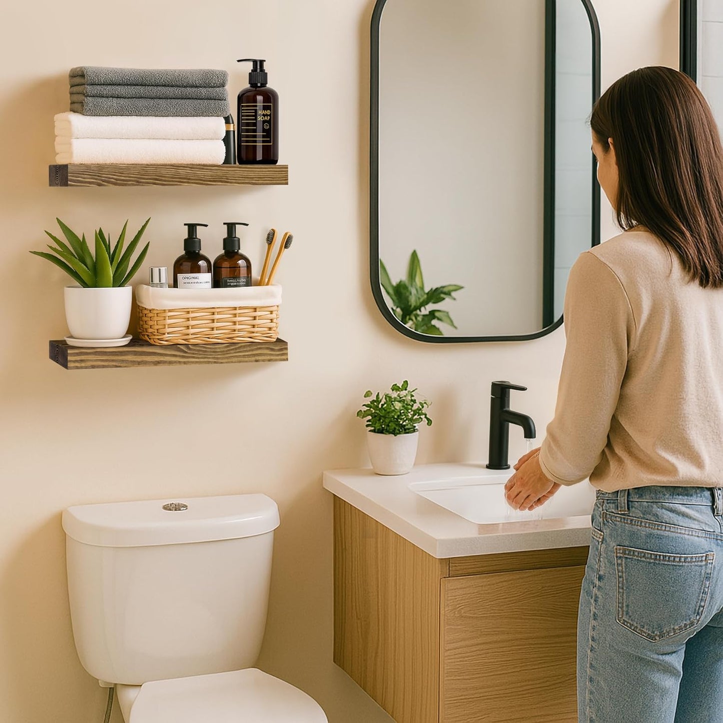 BGMG Wood Floating Shelves for Wall 18 inch Set of 2, Rustic Wooden Wall Mount Shelves for Bathroom Living Room Bedroom Kitchen Farmhouse Set of 2-18x 6.7 x1.25 inch- Walnut Color