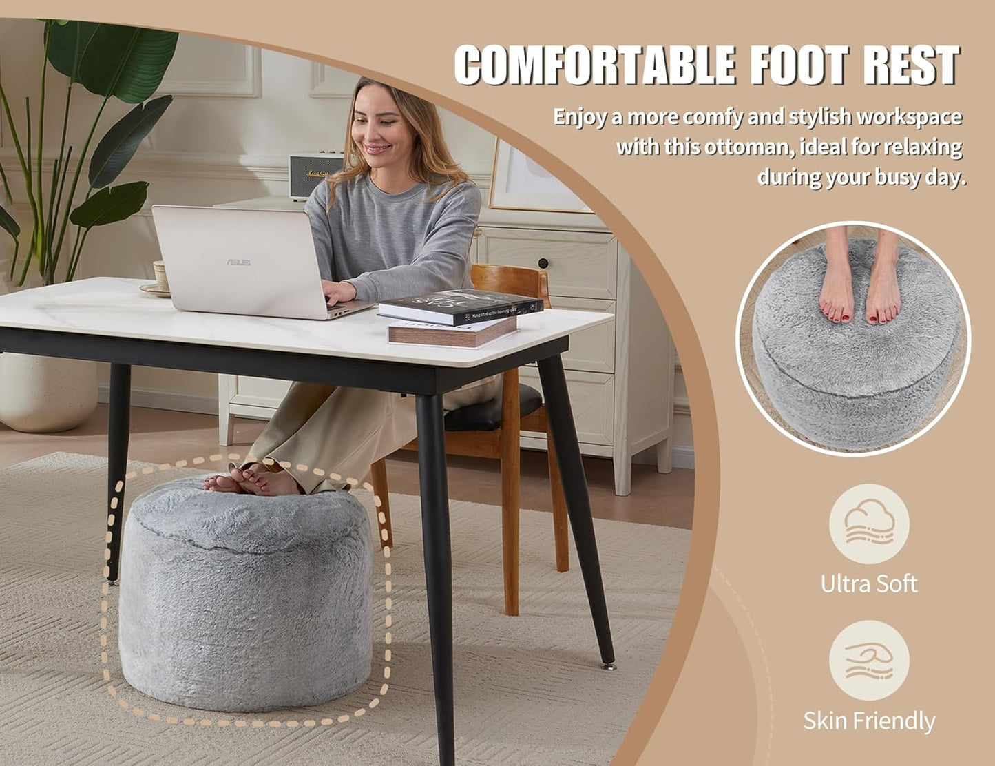 Pouf Ottoman Foot Rest 26"x18" Footstools and Ottomans Small with Filling Cream Small Beige Ottoman Foot Rest Ivory Poofy Ottom Stool Soft Poofs/Ottomans Furniture Living Room Ottom Footstool