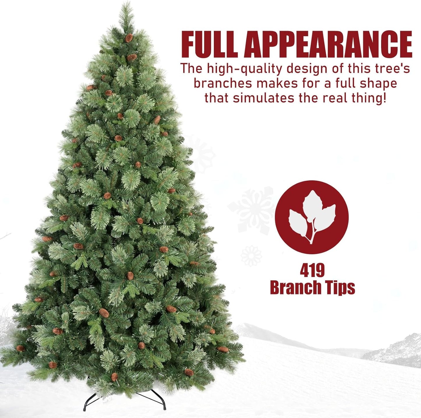 Kadunmina 4ft Artificial Christmas Tree Carolina Pine Tree, Unlit Hinged Premium Xmas Trees with 647 Branch Tips, Pine Cones, Foldable Metal Stand for Home, Office, Holiday Party Decoration