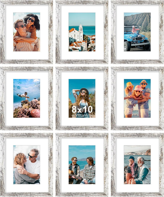 Vittanly 8x10 Picture Frames Set of 9, Shatter Resistant Plexiglass, Display 5x7 Pictures with Mat or 8x10 without Mat, Photo Frames for Wall or Tabletop, Engineered Wood, Distressed White