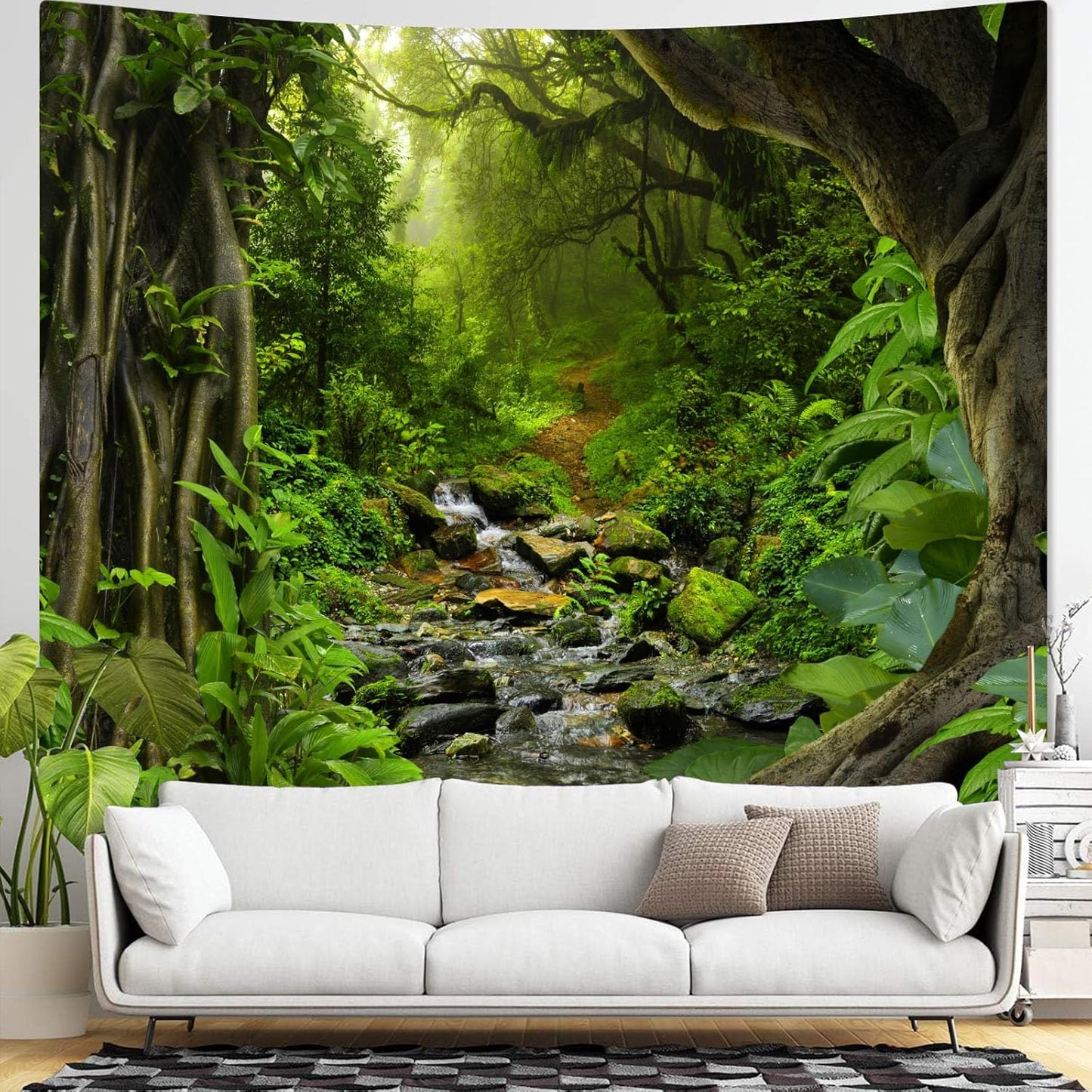 AMM Green Rainforest Tapestry Nature Forest Tapestry for Bedroom Aesthetic Misty Tropical Jungle Trees Flowing Stream Landscape Tapestries Wall Hanging for Living Room Dorm 90 x 68 Inch