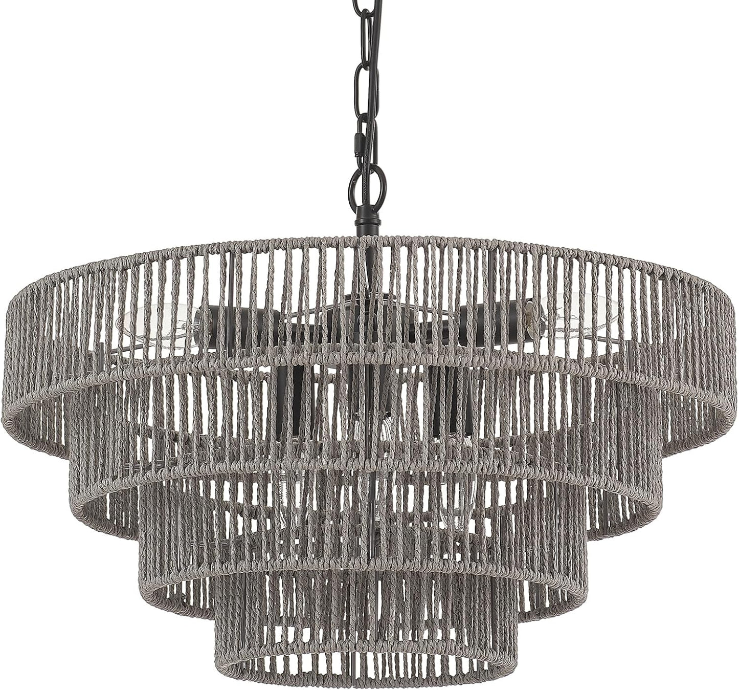 20” Hand-Woven Rattan Chandelier 6-Lights Transitional Minimalist 4 Round Boho Large Coastal Pendant Light for Kitchen Island Dining Room Living Room Hallway, Gray, UL Listed