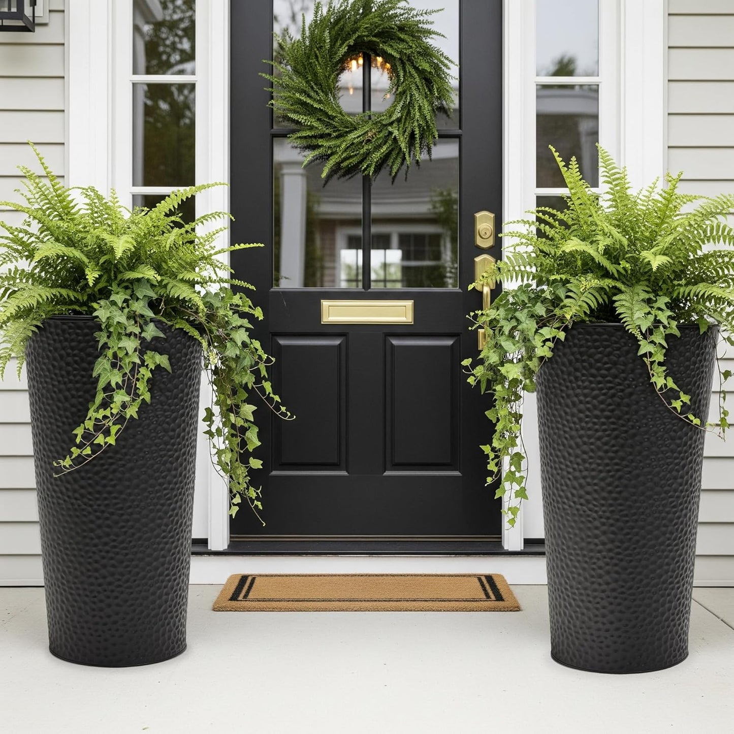 Worth Garden 2-Pack 28" H. Metal Planter with 2X Inside Pots - Hand-Hammered Texture Tall Narrow Tapered Plant Pots - Large Handcrafted Flower Pot for Indoor Outdoor, Deck, Patio, Front Porch (Black)