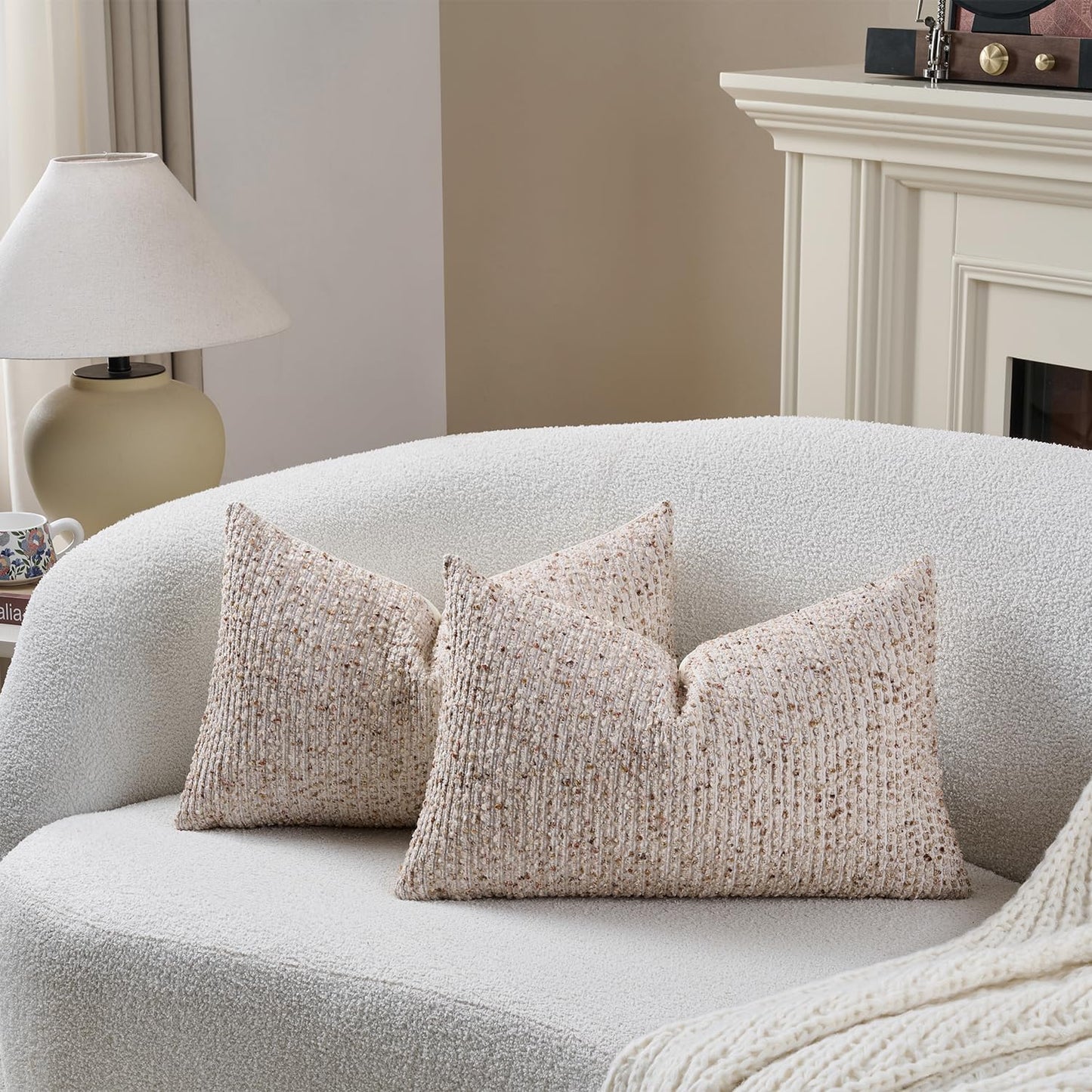 Striped Throw Pillow Covers 12x20 Set of 2 Beige Textured Boucle Chic Morden Boho Accent Farmhouse Rectangular Lumbar Decorative Couch Pillow Covers for Home Decor Bed Sofa Living Room