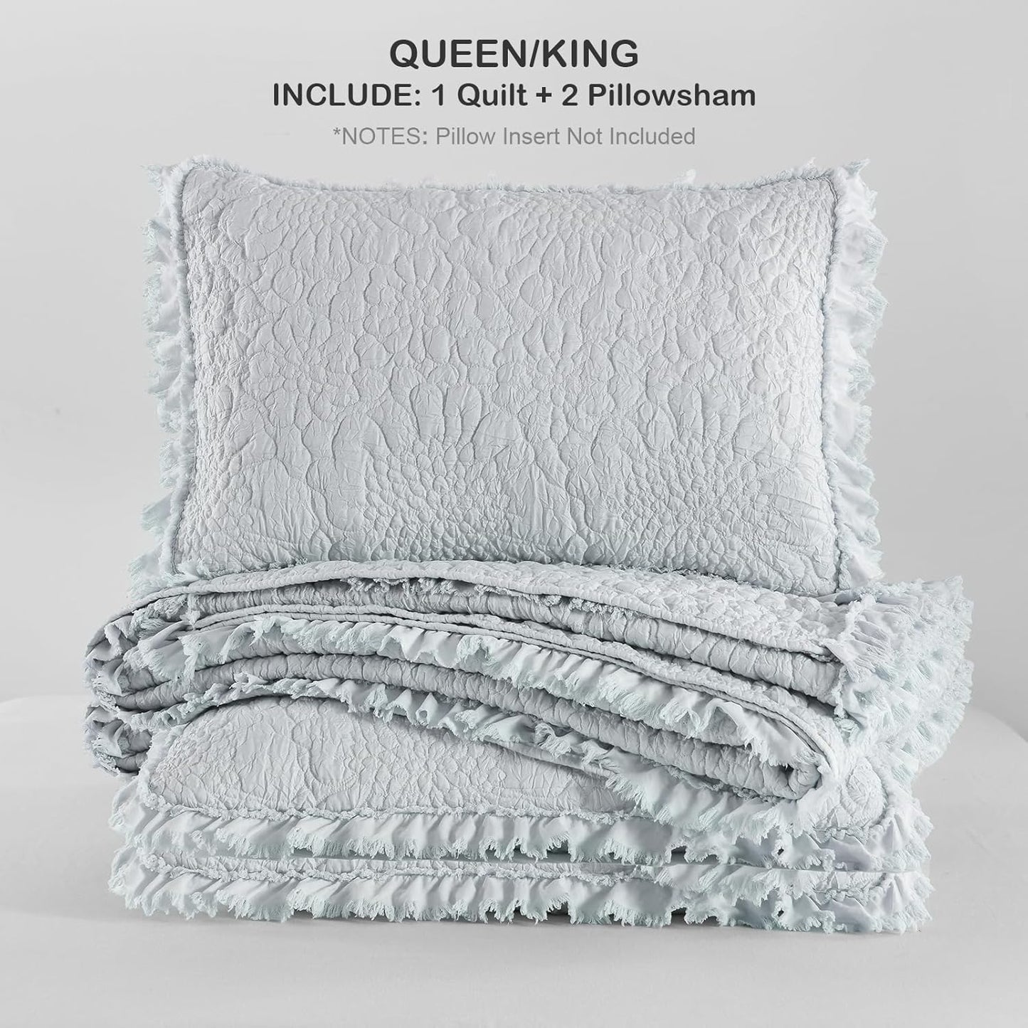 Light Blue Ruffled Quilt Queen Size, Stone-Washed Microfiber Lightweight Crinkled Farmhouse Rustic Shabby Chic Bedding Set, 3 Pieces Reversible Bedspread Coverlet with Pillow Shams for All Season