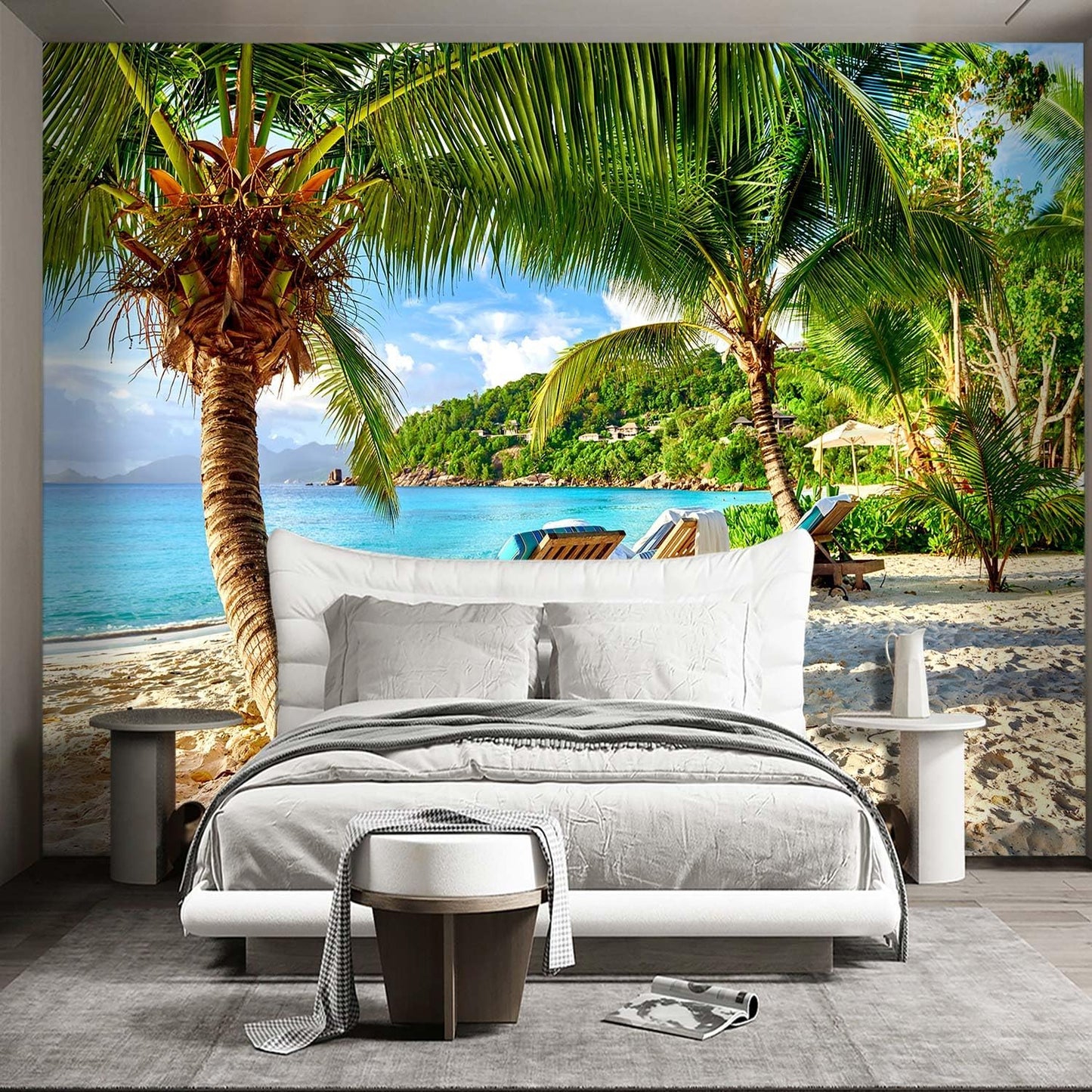 Classy Beach Backdrop Wallpaper for Bedroom Palm Tree Large Wall Mural Living Room Beach Scene Adhesive Fabric Decor - 160"x108"（Not Peel and Stick）