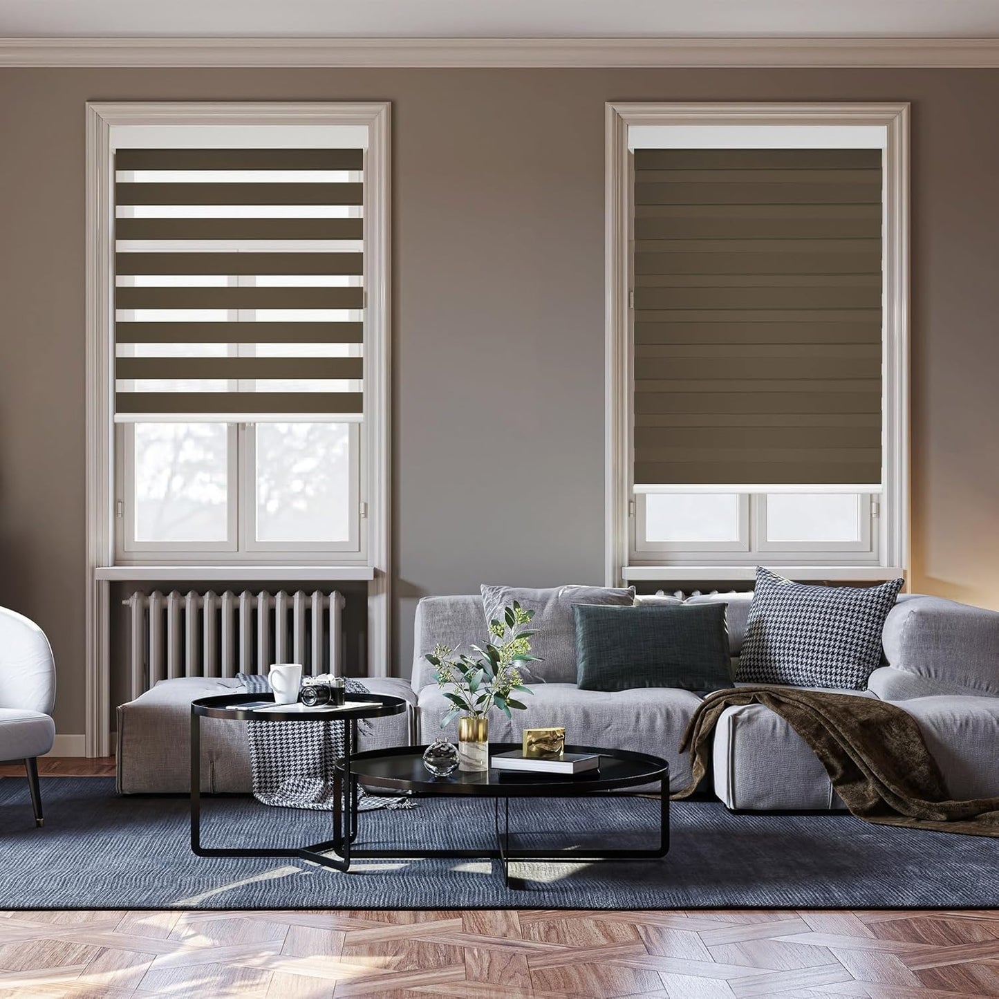 HESTIA Cordless Zebra Blinds Light Filtering Roller Shades UV Blocking Blackout Privacy Indoor Window Shades for Home Office Day and Night, Brown,31" W x 48" H