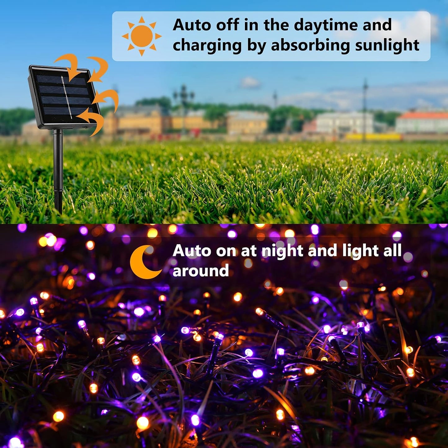 Joomer 2 Pack Orange Purple Halloween Solar String Lights Total 144 FT 400 LED 8 Modes Waterproof Solar Halloween Lights Outdoor for Halloween Decorations