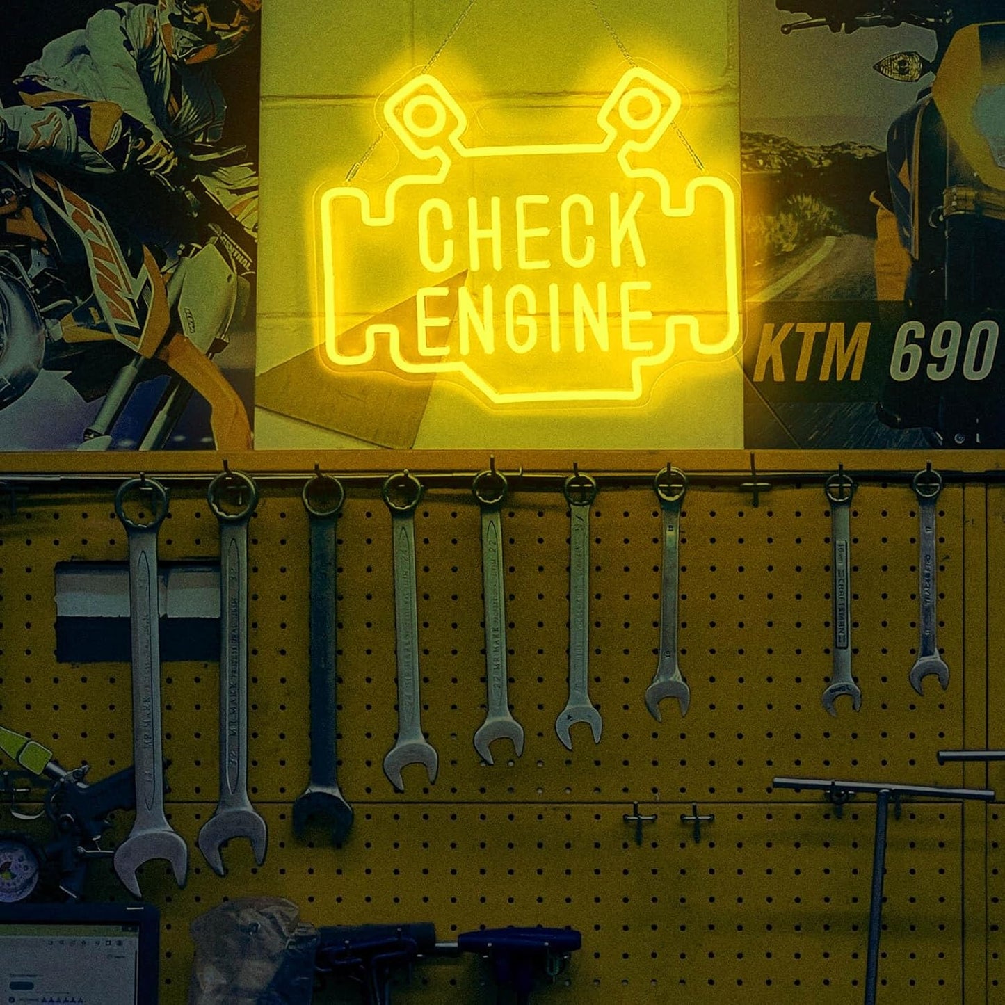 Check Engine Neon Signs for wall decor, Garage Neon Sign for Man Cave, Piston Engine Led Light Signs with Dimmer, Piston Decoration USB Powered with Switch