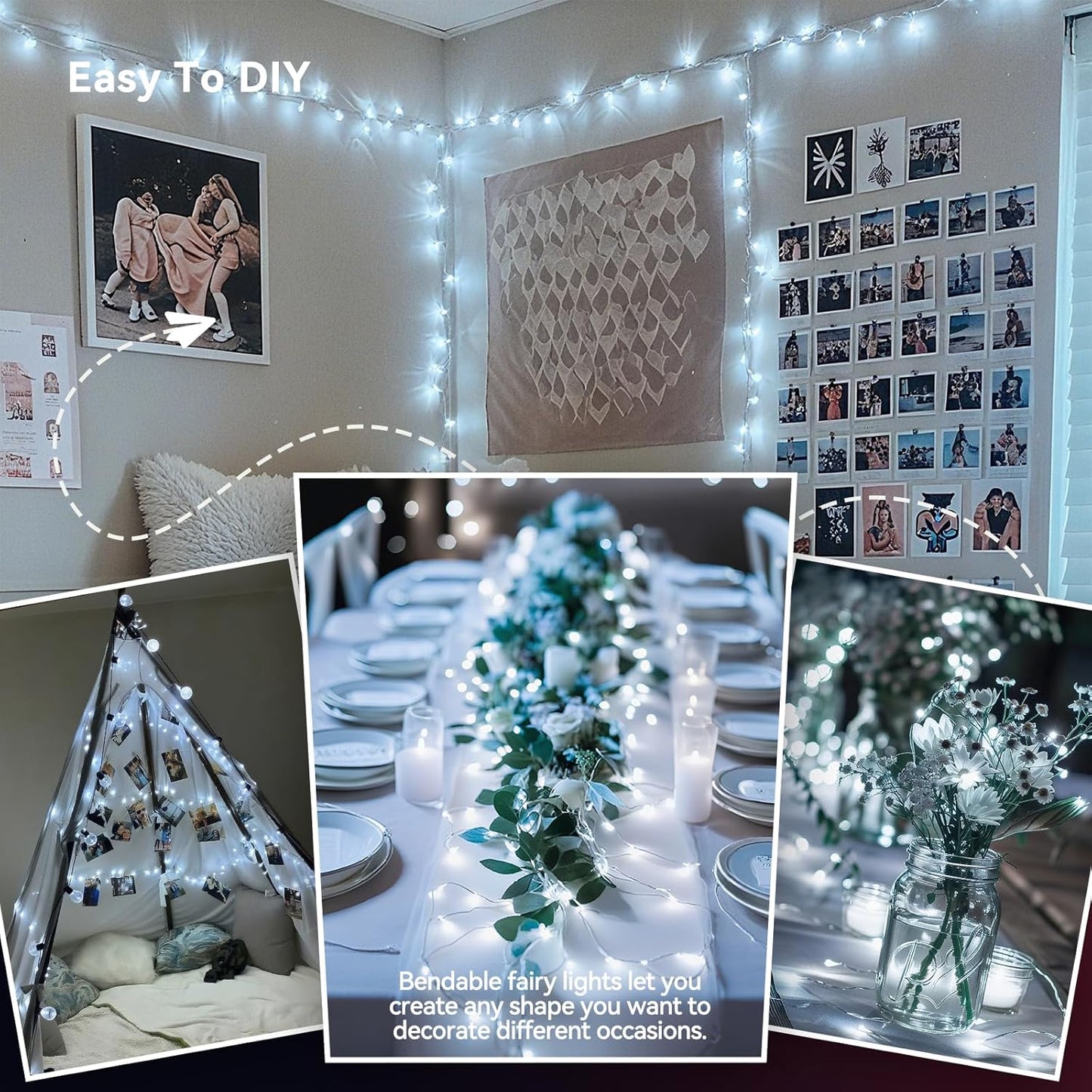 4 Pack 60LED Christmas Fairy Lights Battery Operated - 20FT Twinkle Lights with 2 Lighting Modes Indoor Outdoor, Waterproof Led Fairy String Lights for Bedroom, Classroom, Dorm, DIY Decor, Cool White