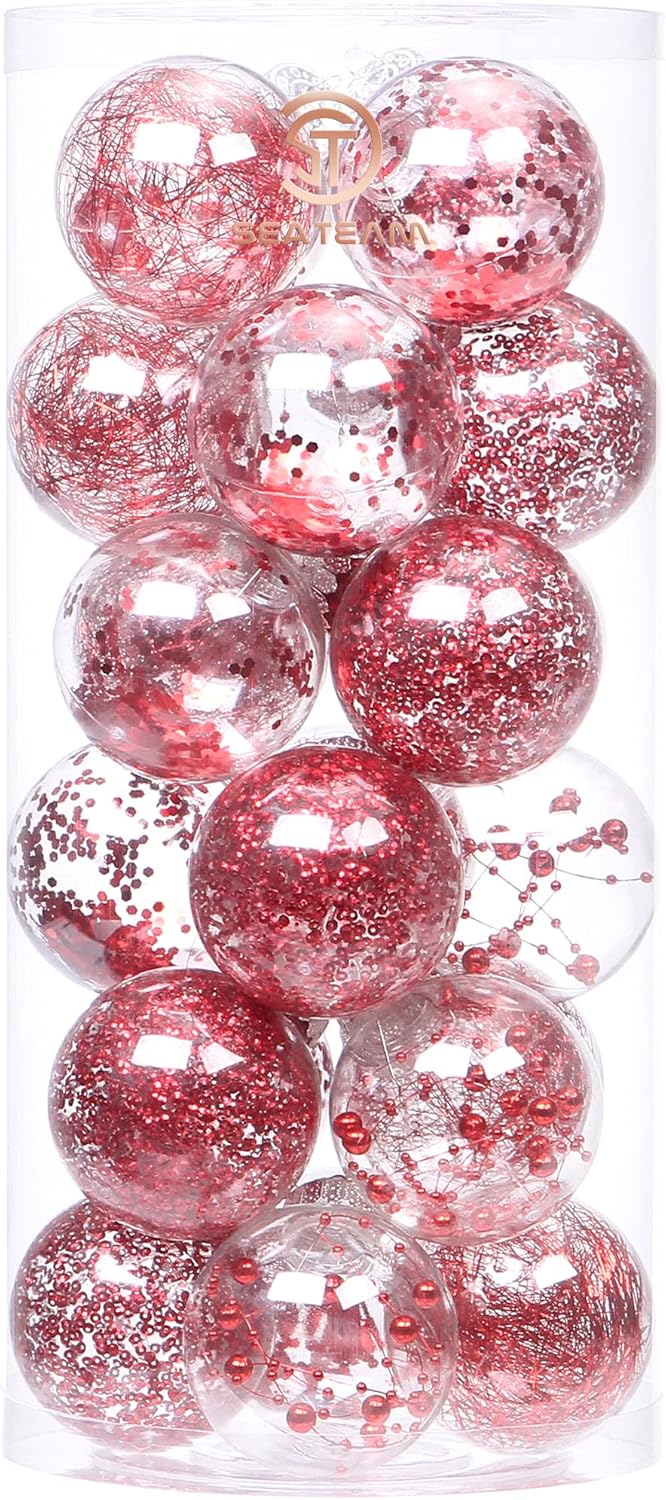 Sea Team Shatterproof Clear Plastic Christmas Ball Ornaments Decorative Xmas Balls Baubles Set with Stuffed Delicate Decorations (70mm/2.76 inch 24-Pack, Red)