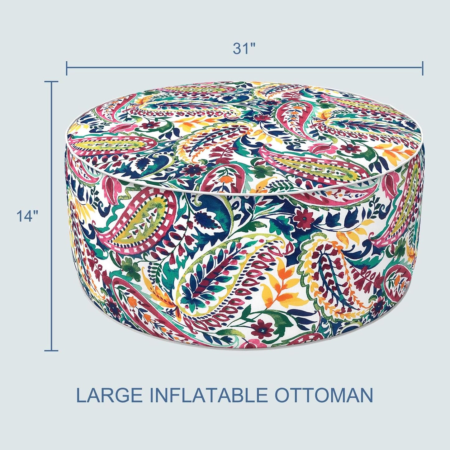 LVTXIII Indoor/Outdoor Inflatable Ottoman, D31 x H14 Inch Large Round Ottoman, All Weather Foot Rest Stool, Portable Footrest for Patio, Garden, Camping and Home - Vigour Paisley